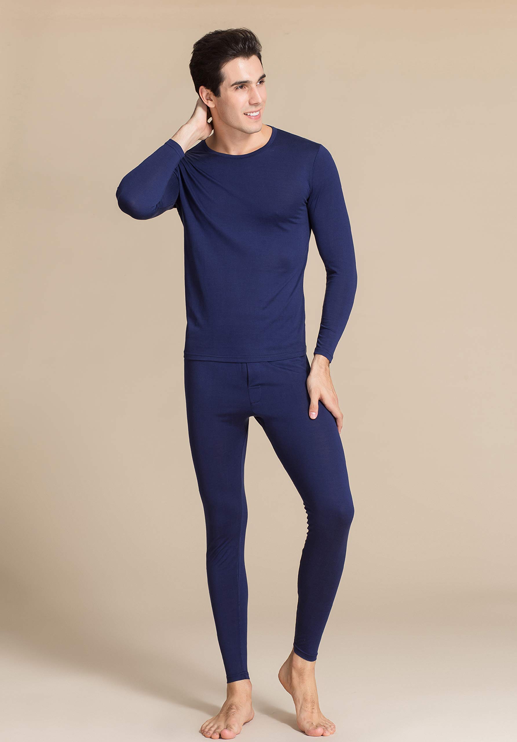 Men's Silk Thermal Underwear Sets Round Neck Navyblue M