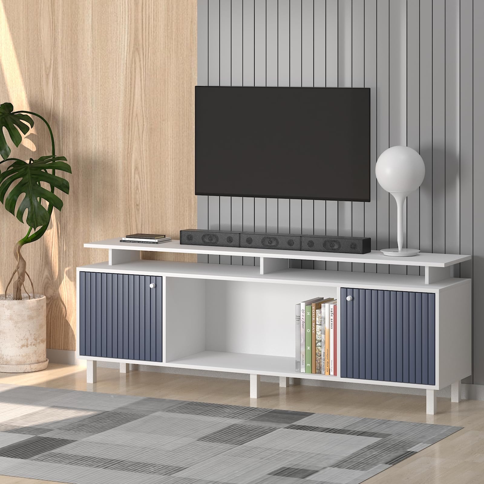 Callas Engineered Wood TV Entertainment Unit for Living Room | Modern TV Cabinet with Shelves & Storage (Blue, TV-22)