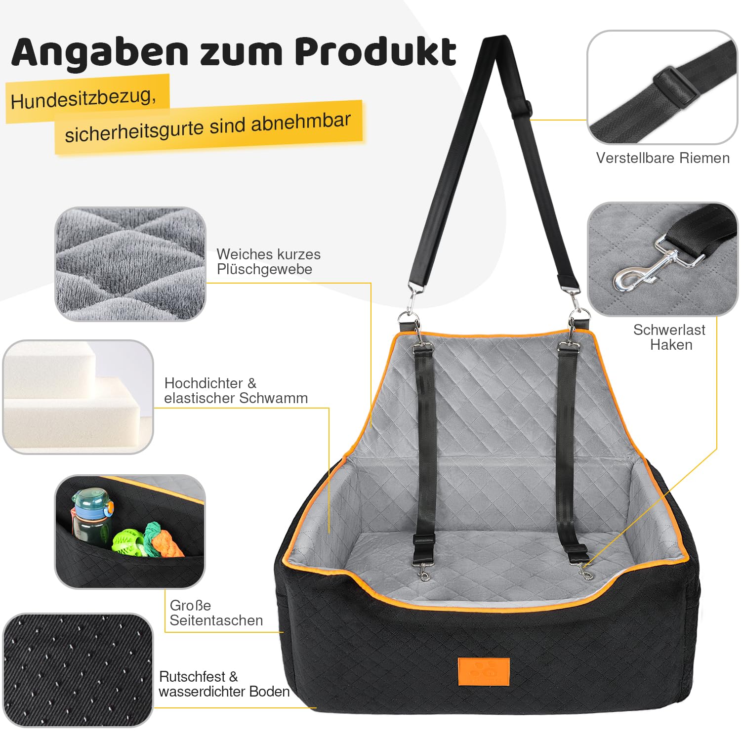 GL GLENSLAVE Hundesitz für große/mittlere Hund,Hundeerhöhungssitz für Hunde unter 25kg oder 2 kleine Hunde, abnehmbar und waschbar Hundesitz mit dicken Kissen und Aufbewahrungstaschen (schwarz/grau)