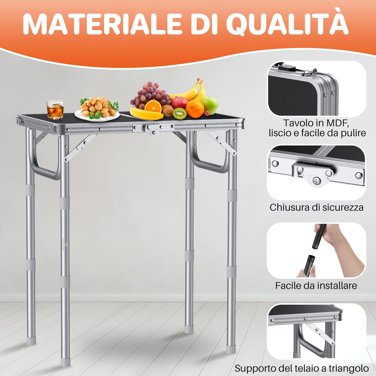 FUNYKICH Tavolo da Campeggio Pieghevole 58x40 cm Alluminio 3 Altezze Regolabili 26/48/70 cm Maniglia Trasporto MDF Argento