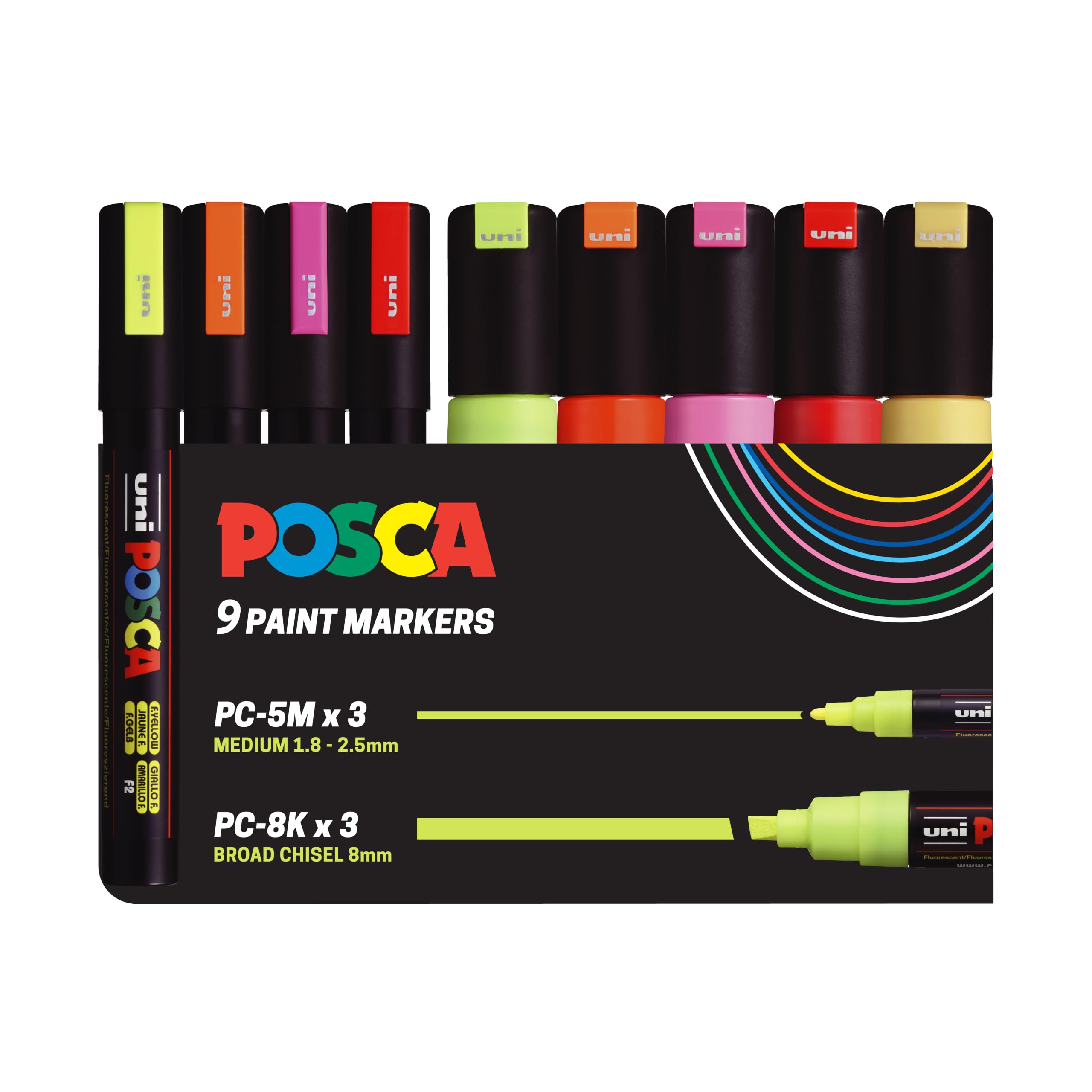 Posca Assorted Acrylic Paint Marker Pens, Fluorescent Colours (9-Pack)