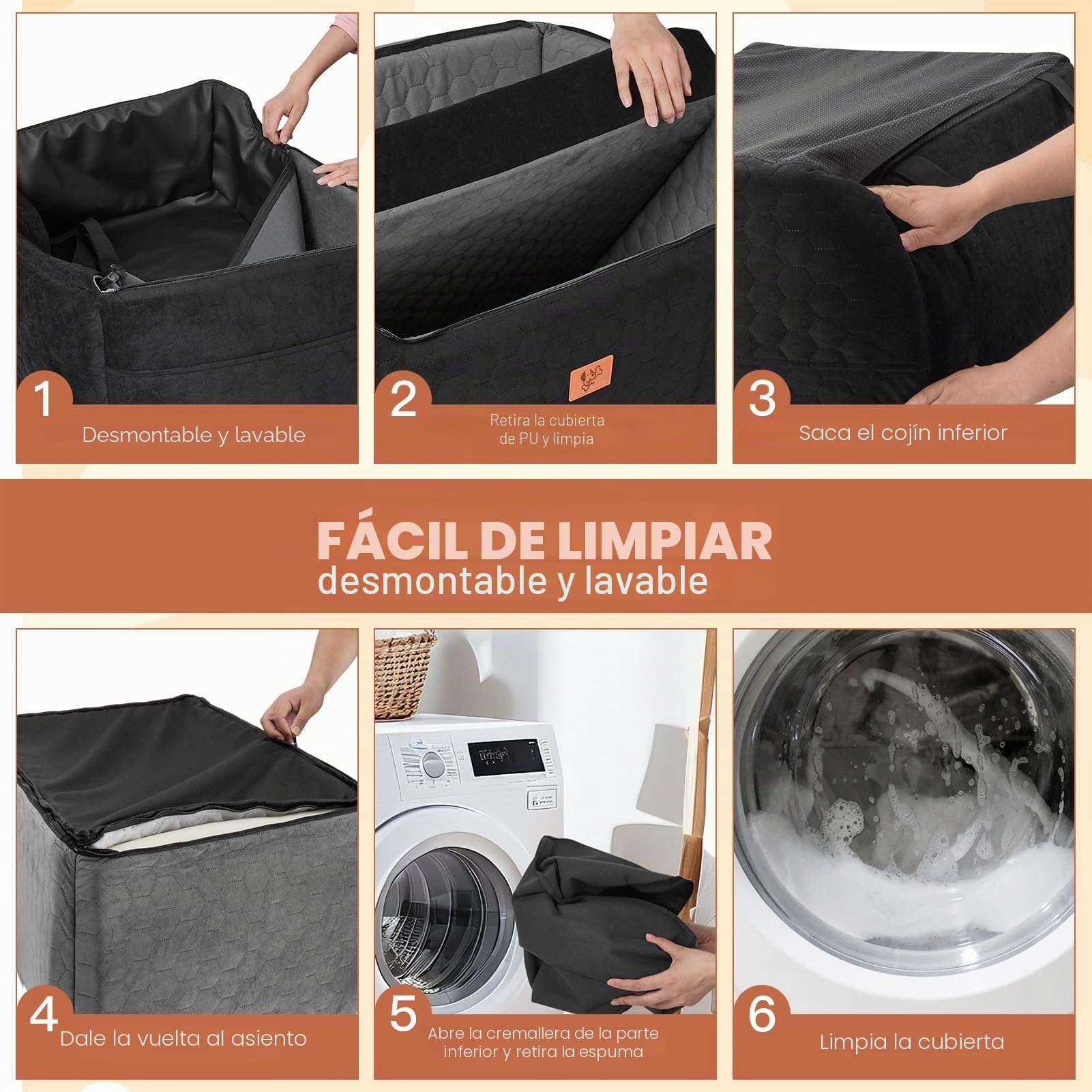 Asiento Perro Coche, Extra Estable Cama Perro Coche con Espuma Viscoelástica, Funda Lavable y Cinturón de Seguridad, Asiento Coche Perros Medianos y Grandes de hasta 55 kg, 78x55x53 cm