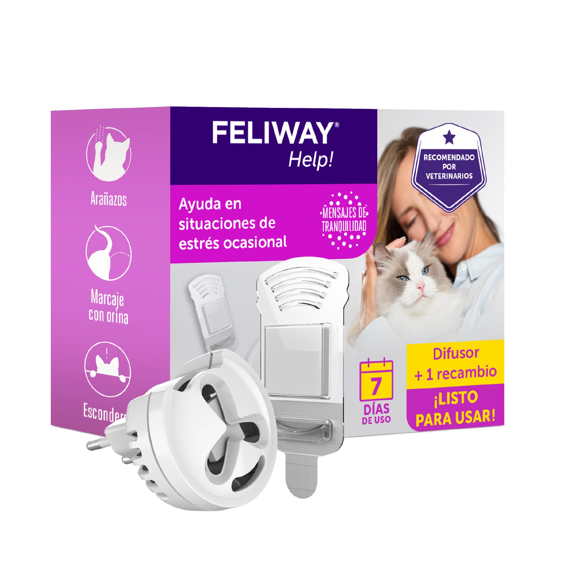 FELIWAY Help! - Difusor + Recambio de feromonas calmantes para Gatos (7 días de duración). Ayuda a calmar a tu Gato Durante situaciones de estrés puntual. Recomendado por Veterinarios.