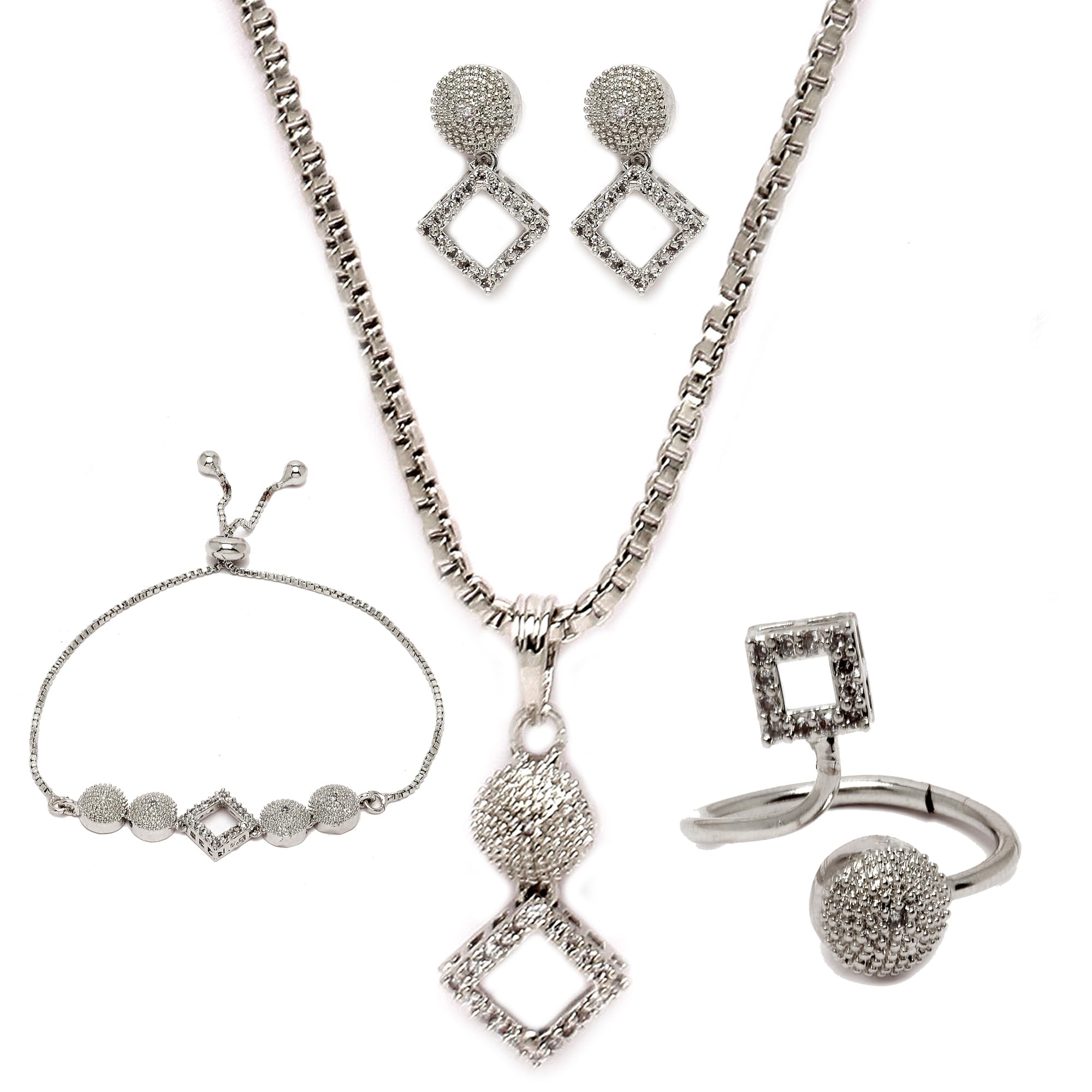 ZENEME Rhodium-Plated Silver Toned White American Diamond studded Necklace, Earrings, Bracelet & Ring Jewellery Set for Girls and Women (Square Shaped) (B0C1VRQQP8) Amazon Price History, Amazon Price Tracker