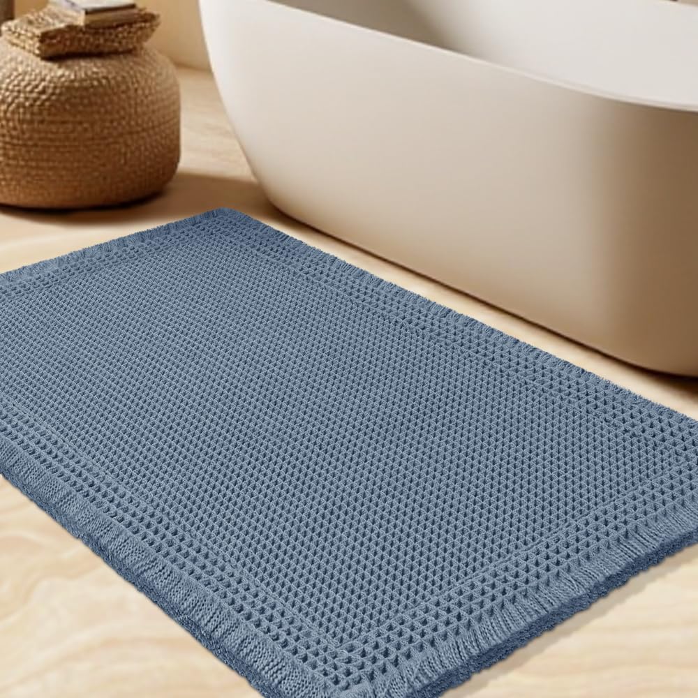IM HOME Upgrade Waffle Bath Mat, Boho Bathroom Rugs Absorbent Non Slip, Ultra Soft Bathroom Mat, Machine Washable Knit Bath Rugs with Border for Bathroom, Bedroom, Kitchen, Shower, Tub, 32"x20", Blue