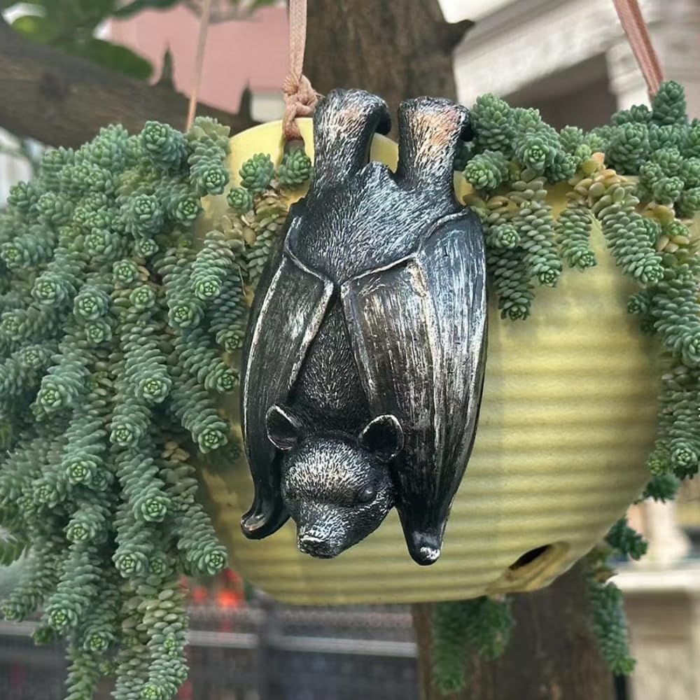 Hollylife Halloween Hanging Bat Statue Bat Shaped Flower Pot Ornament Garden Decoration Bat Pendant Resin Crafts Outdoor Animal Bat Plants Pot Vase Decoration Hanger Home Office Decoration