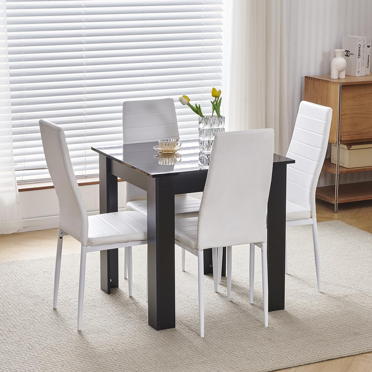 75x75 cm Small Dining Table and 4 Chairs, 4 Seater Table and Chairs Set Kitchen Dining Room Set for 4, Compact, Space Saving, Wooden, Glossing Tabletop Black (4 Seats, Faux Leather Eggshell White)