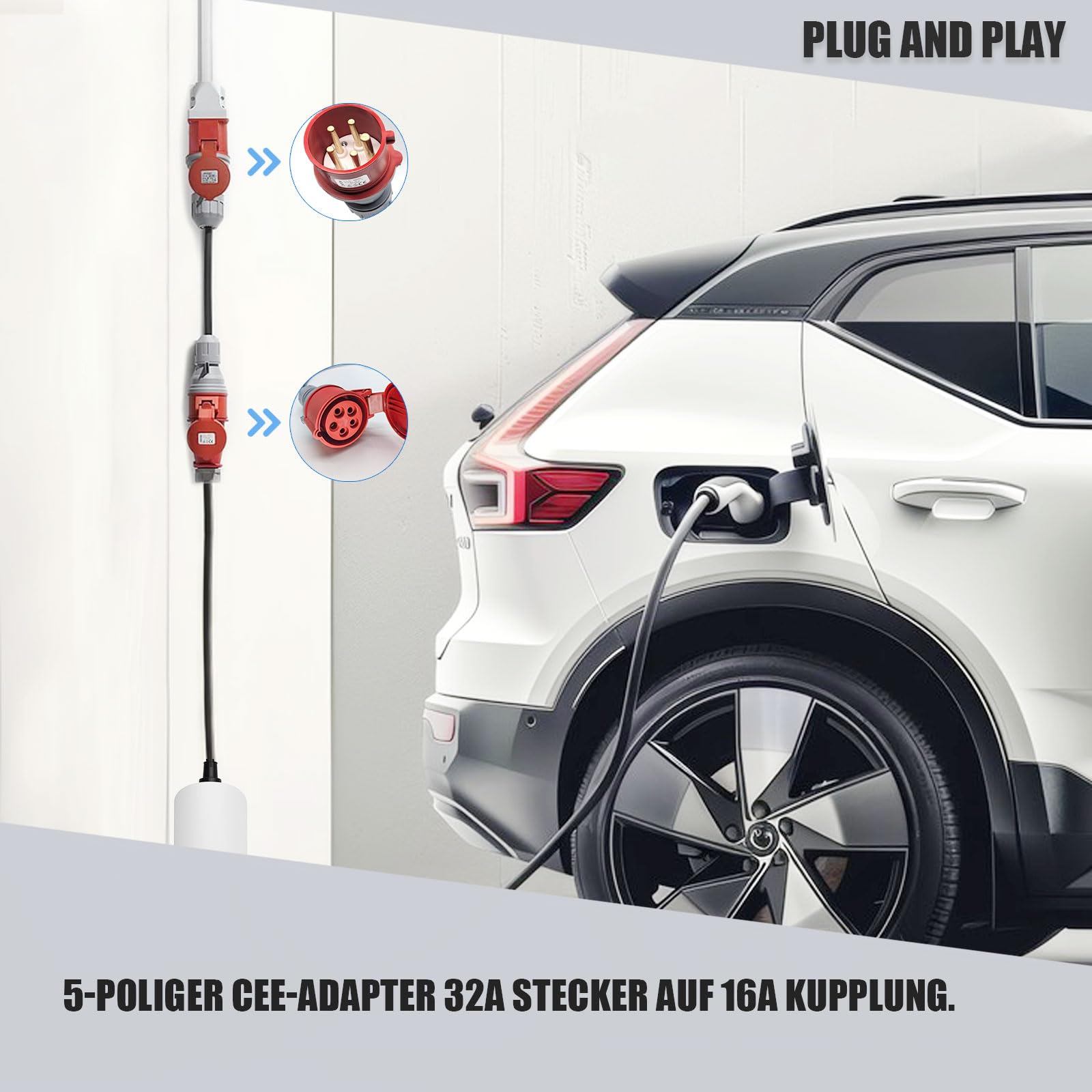 Adattatore CEE da accoppiamento 16A a spina 32A, 5 poli per veicoli elettrici, caricabatterie EV (P34542)