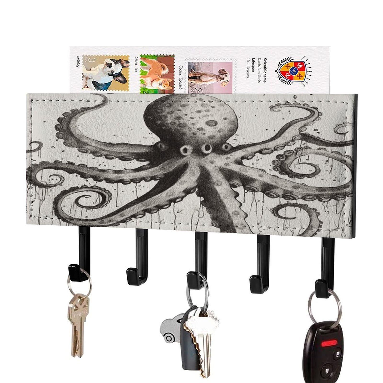 FekiLoot Octopus Key Holder Wall Mount Key Hanger with 5 Hooks Decorative Key Rack Hanging Key Hooks with Mail Organizer Key Holder for Wall Living Room Kitchen Bathroom Hallway Black