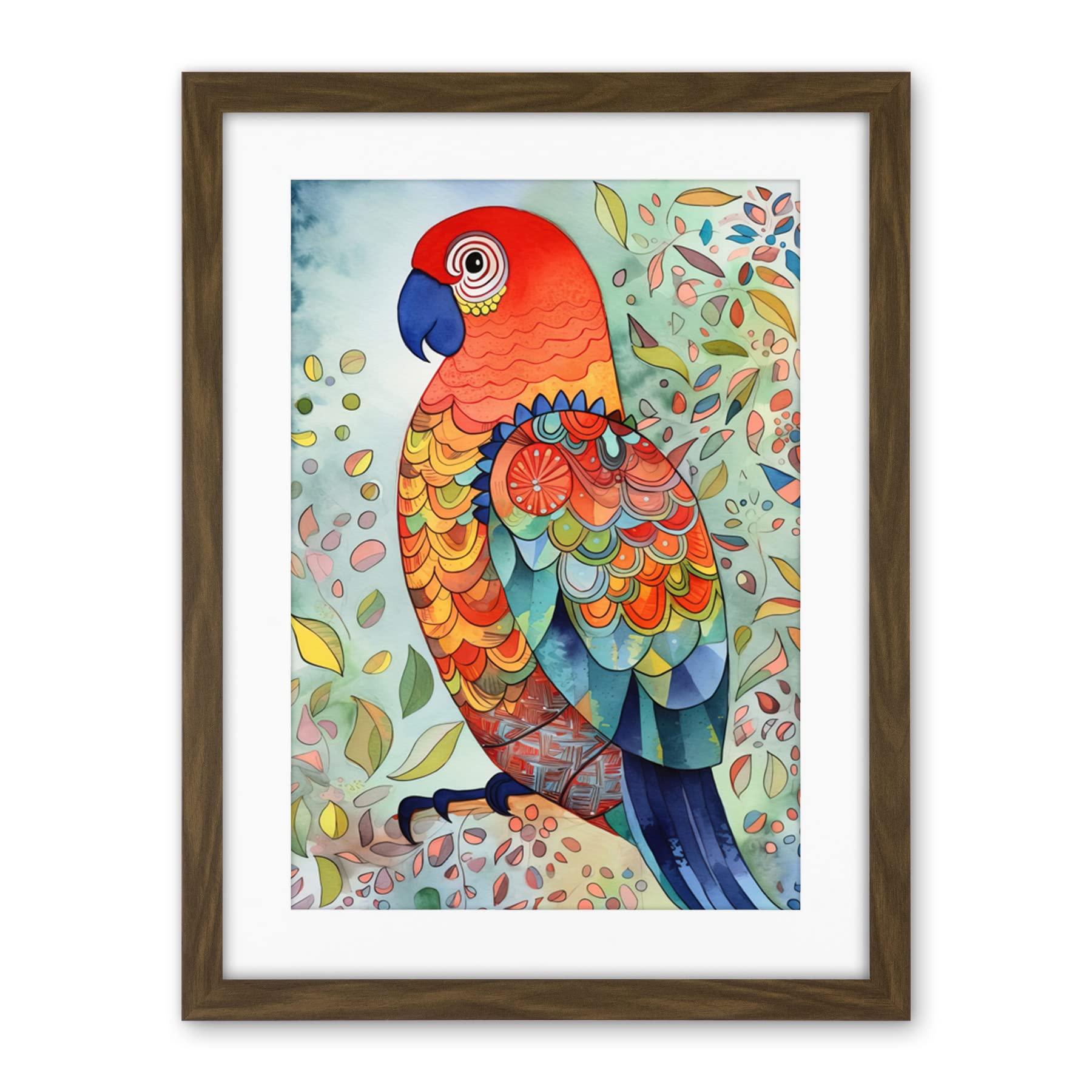Artery8 Parrot Bird Portrait Folk Art Watercolour Painting Artwork Framed Wall Art Print 18X24 Inch
