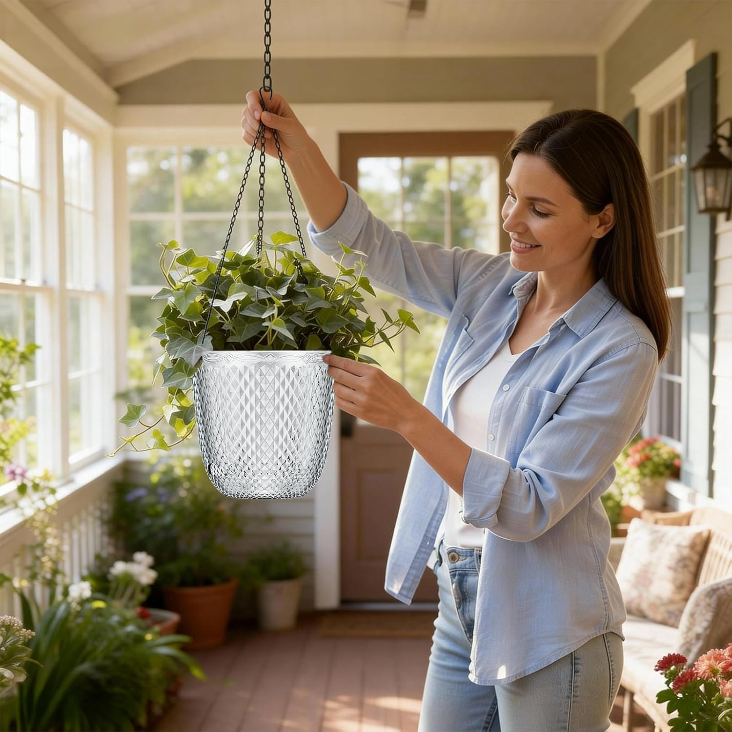 qcqhdu self watering hanging pots, 2 pack 7.2 inch hanging planters for plants indoor, outdoor flower pots with drainage holes and 3 hooks chains for garden home (clear) clear 7.2in