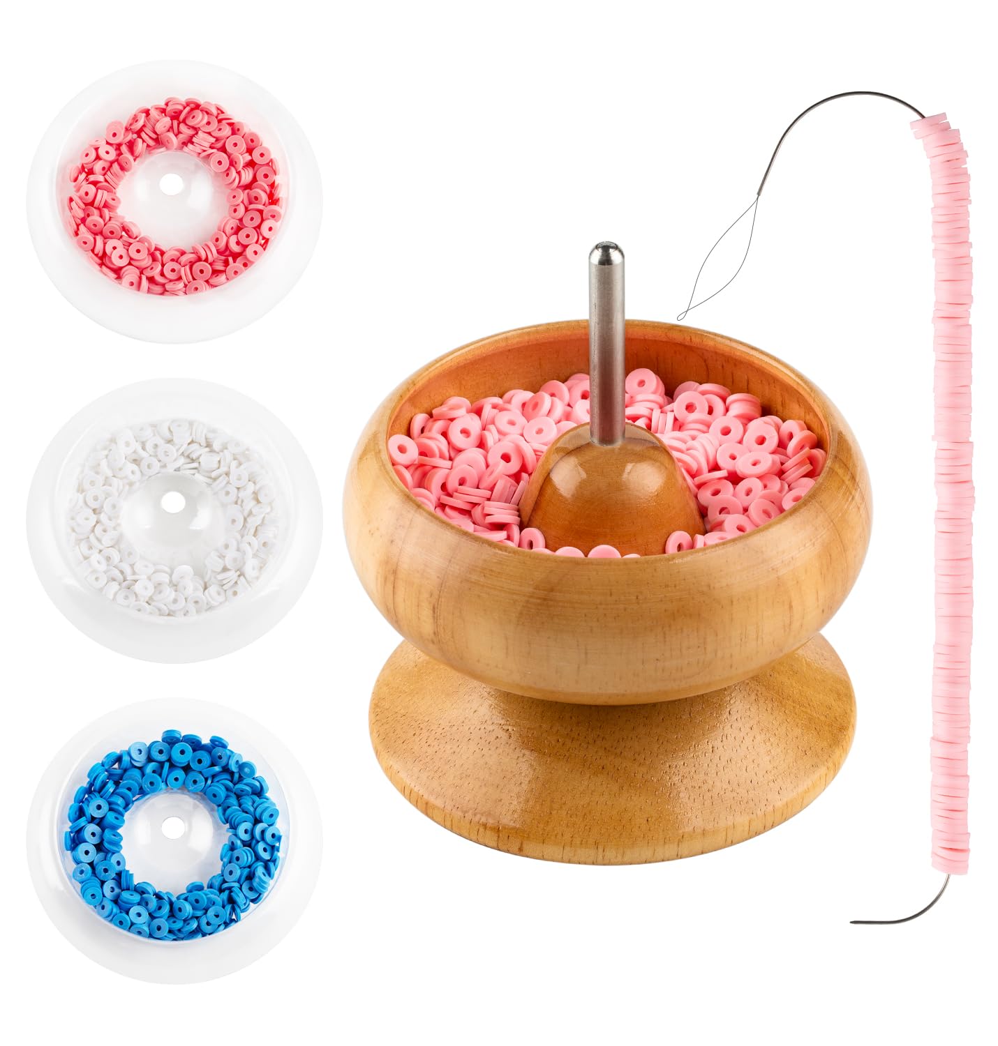 INDIVSHOW Clay Bead Spinner,Seed Beads Kit with 3 Pcs Quick Changed Trays,Beading Needles for Jewelry Making (Wooden)