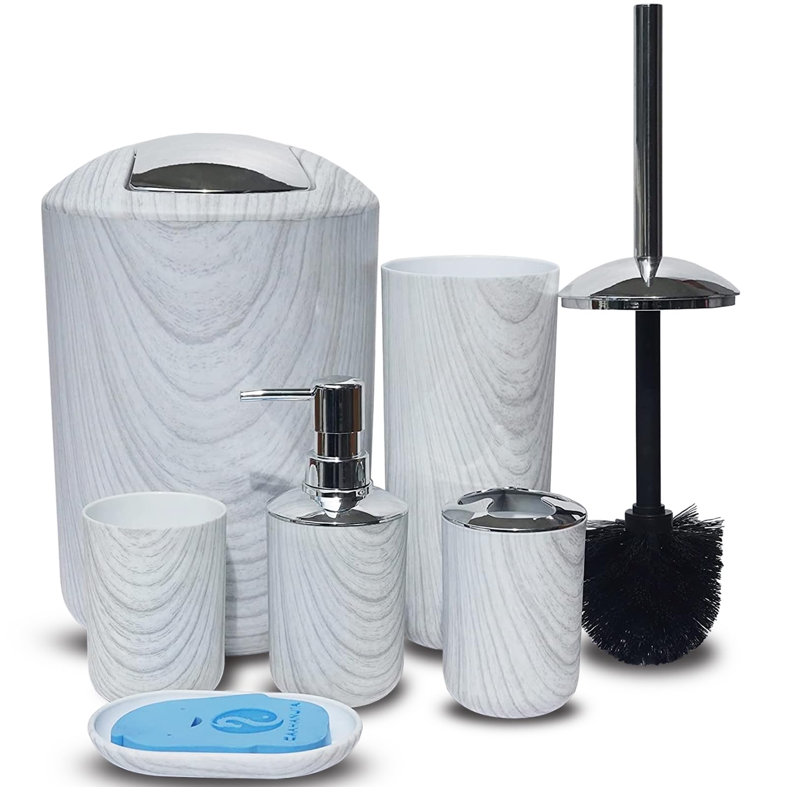 Bathroom Accessories Set 6 Piece Toothbrush Holder,Toothbrush Cup,Soap Dispenser,Soap Dish,Toilet Brush Holder,Trash Can,Plastic Gift Set,Modern Bathroom Decor Set (White Woodgrain)