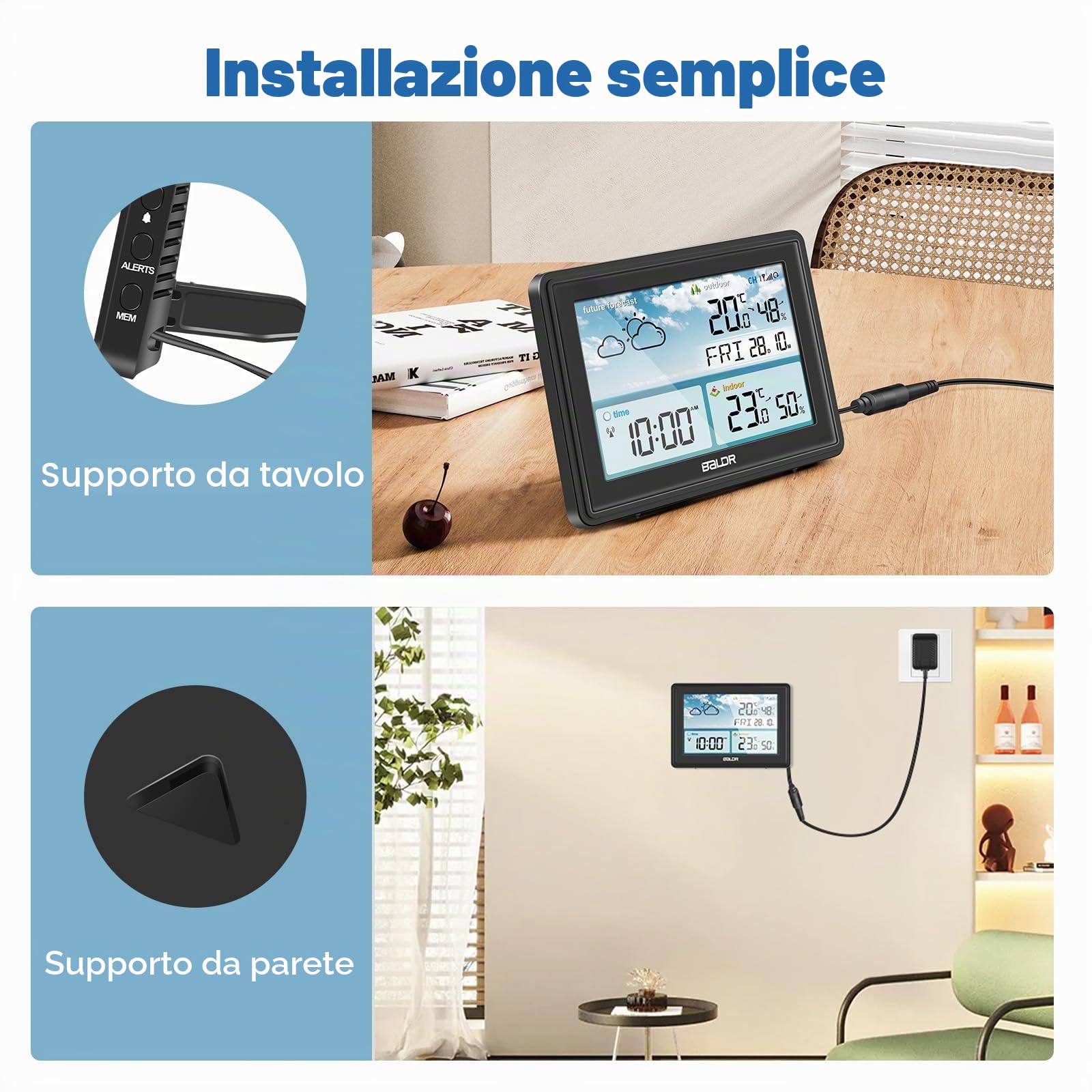Stazione meteo radio con sensore esterno, termometro interno esterno, igrometro con previsioni meteorologiche, display a colori, orologio radio DCF con sveglia, allarme temperatura, da