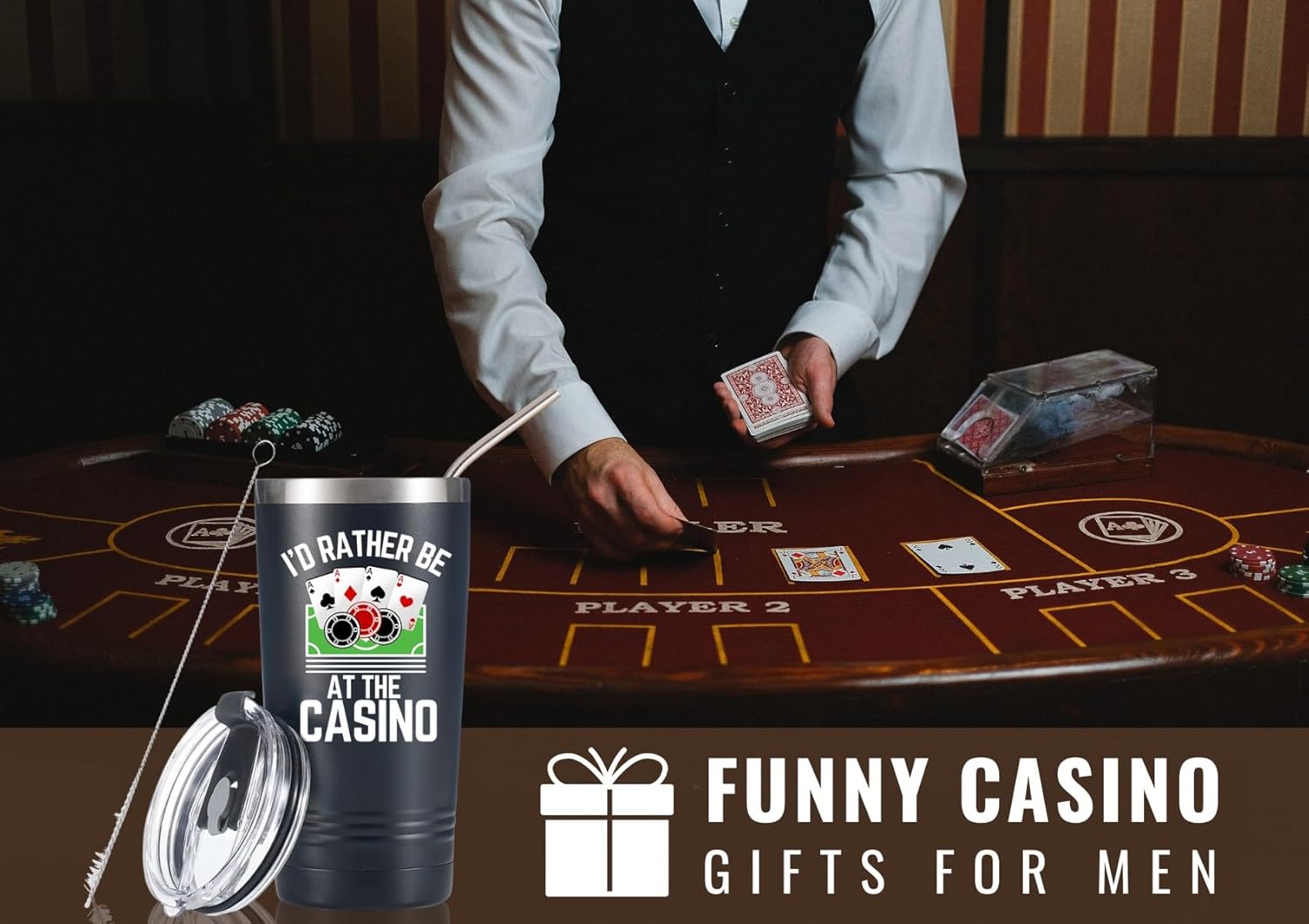 Onebttl Gambling Gifts, Casino Gifts for Men & Women for Christmas, Birthday, 20 Oz Stainless Steel Tumbler with Straw & Lid, Black - I'd Rather Be at the Casino - Image 2