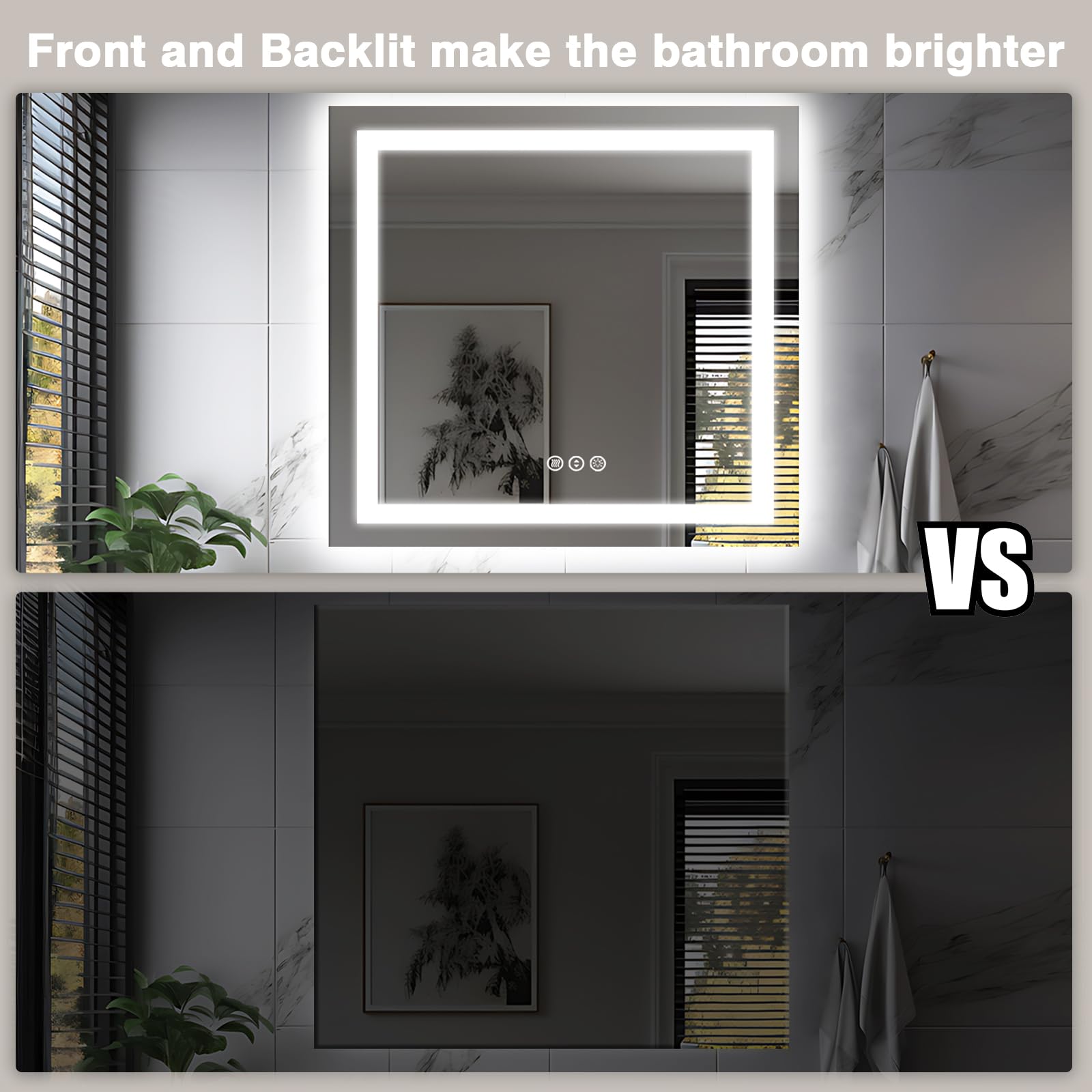EchosLife 91,4 x 91,4 cm quadratischer LED-Badezimmerspiegel (vorne und hinterleuchtet), beschlagfreier Kosmetikspiegel mit Lichtern, stufenlos, 3 Farben, dimmbar, intelligenter beleuchteter Spiegel