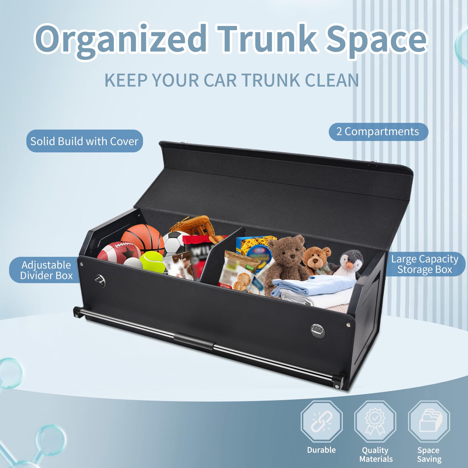 Organizer Bagagliaio Auto, in pelle impermeabile, con coperchio e manico stabile, vano portaoggetti per imballaggio, accessori SUV/Organizer Auto(nero, 101 * 29 * 31cm)