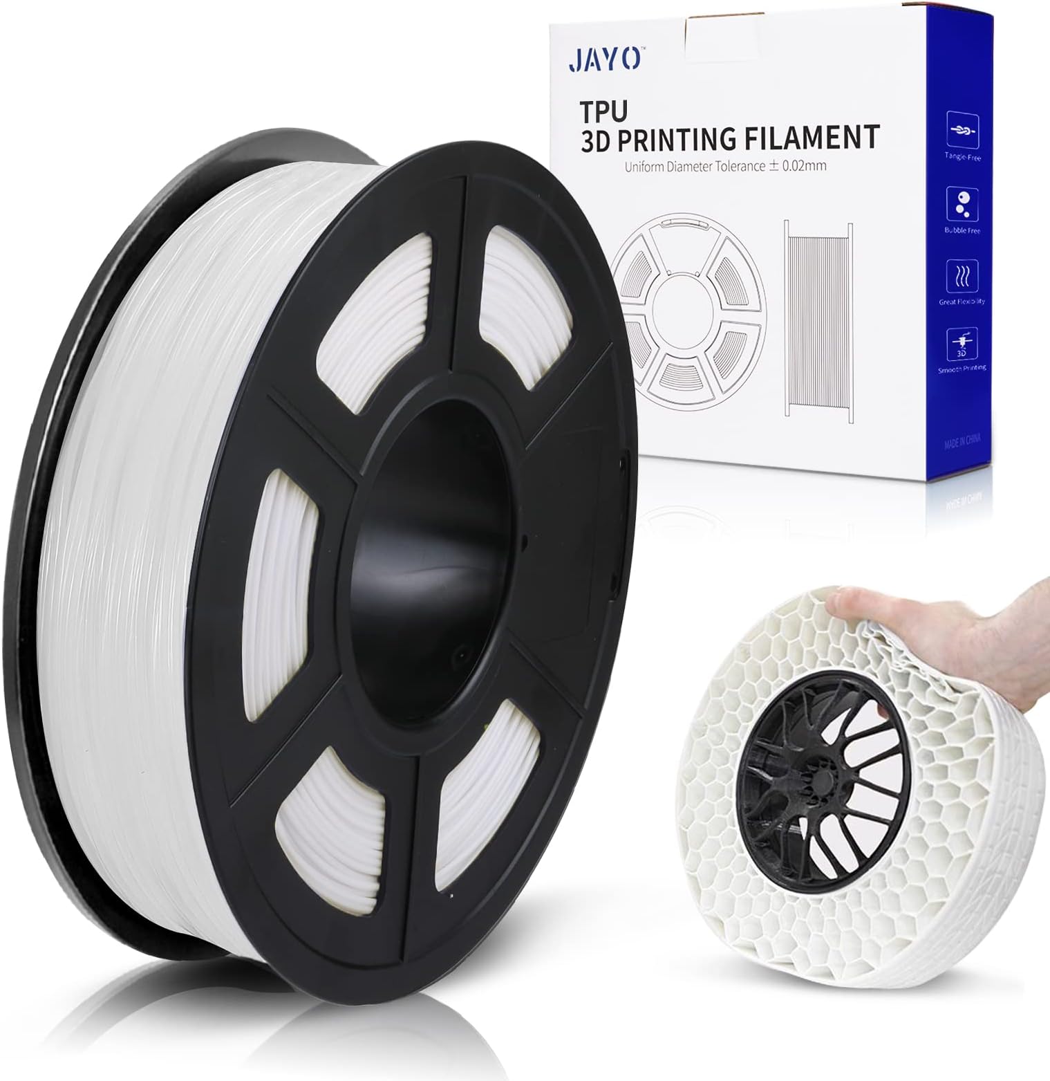 JAYO TPU 3D Printer Filament, 1.75mm Flexible TPU 3D Printing Filament Material fit for FDM 3D Printers, Dimensional Accuracy +/- 0.03mm Soft Consumables, TPU White