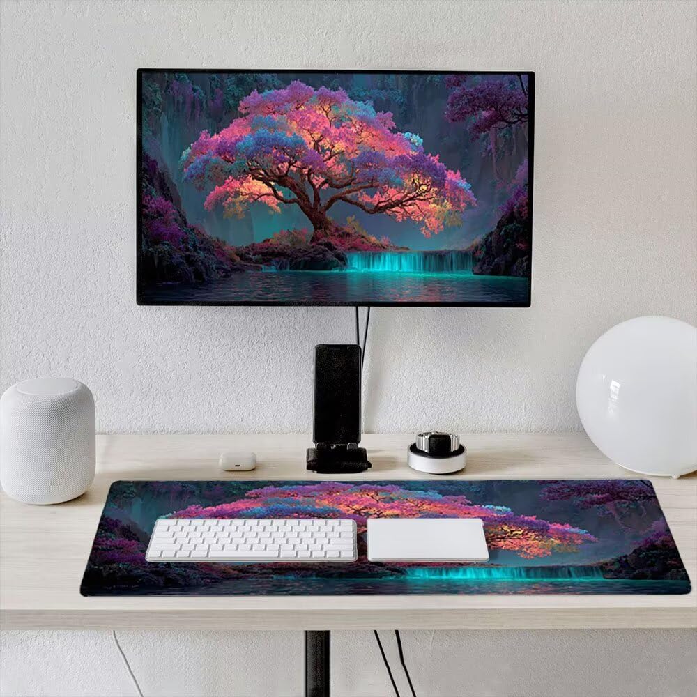 Duża podkładka pod mysz do gier XXL 1200 x 600 x 3 mm z zszytymi krawędziami, trwała antypoślizgowa podstawa z naturalnej gumy, zmywalna podkładka na klawiaturę, gry, dom biuro, drzewo życia wodospad