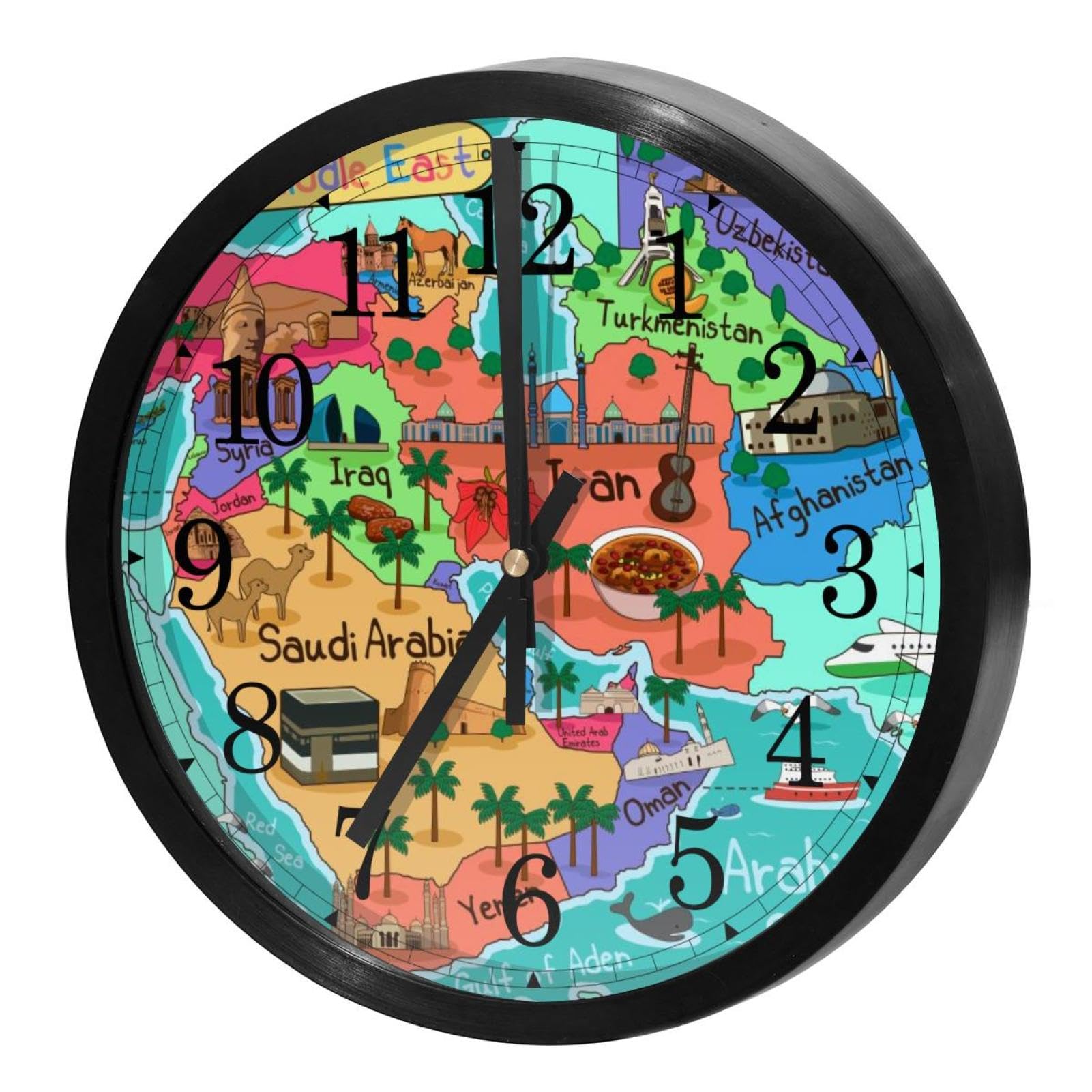 Horloge murale silencieuse à quartz ronde avec la carte du Moyen-Orient