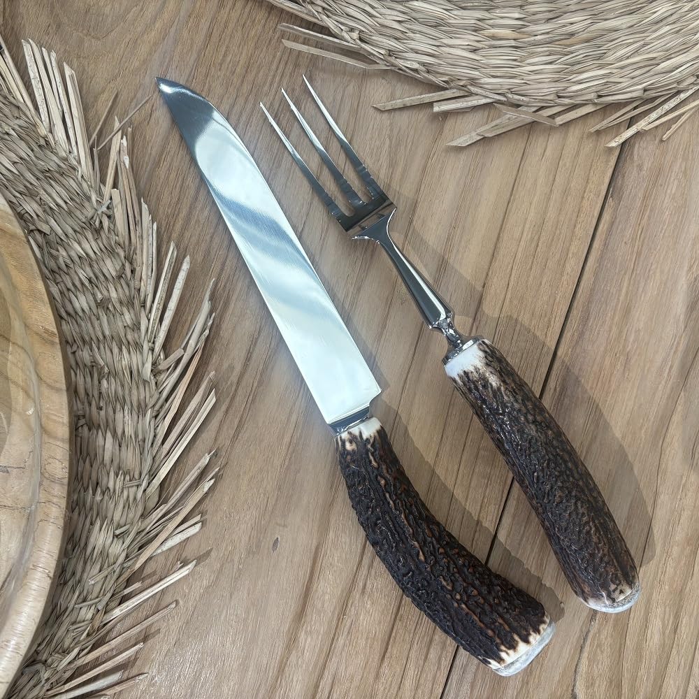 Set coltello e forchetta grandi con vero corno di cervo. caccia. 17360701