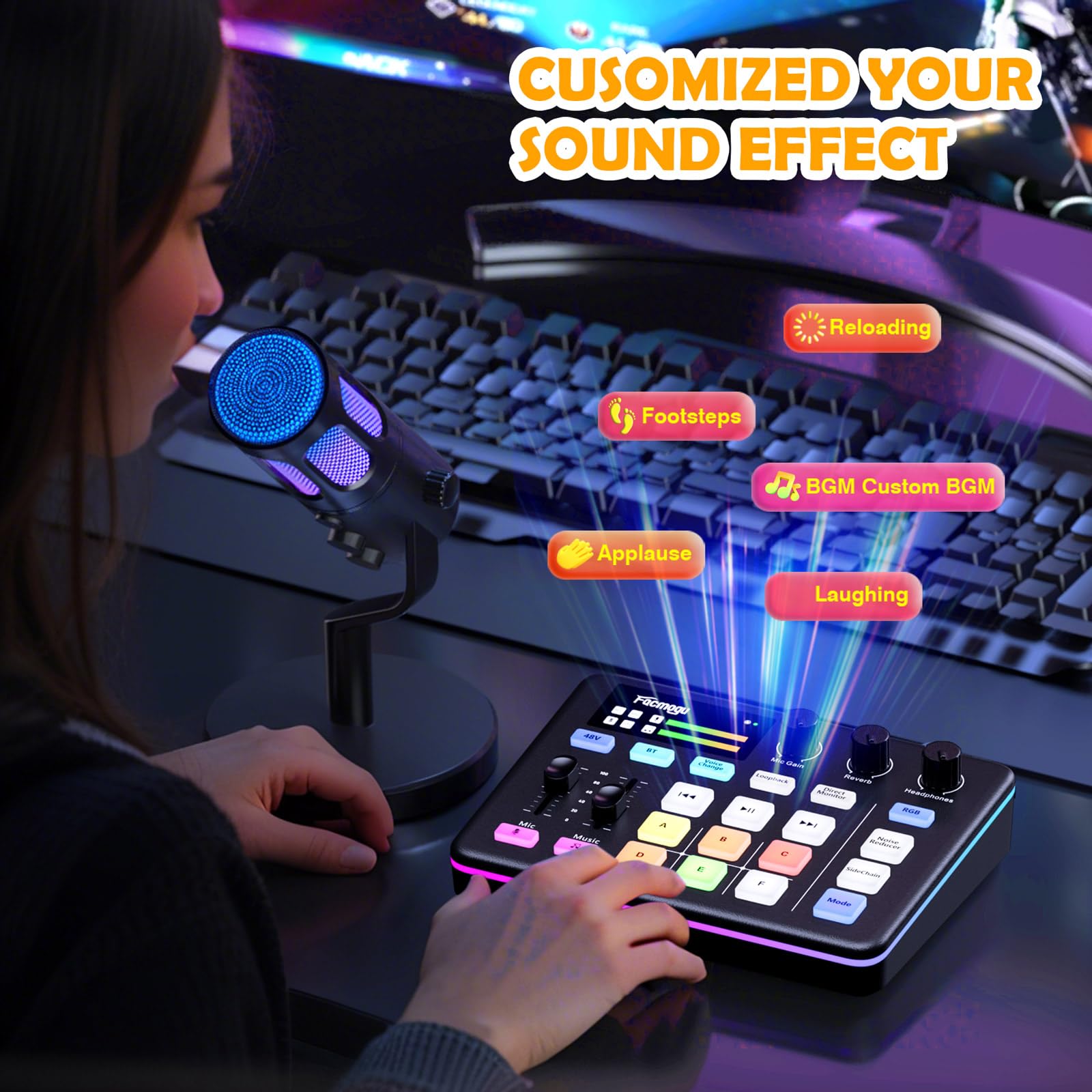 Facmogu G9 Gaming Audio Mixer, Audio Interface mit 3.5mm/XLR Mic In, RGB, Bluetooth, 48V Phantom Power, Voice Changer, Live Sound Card Board für Live Streaming, Podcast, Gaming - nicht für USB Mic