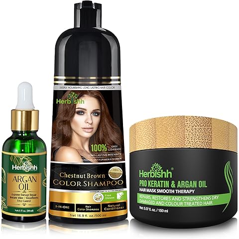 Herbishh After Color Shampoo Combo Contains Hair Color Shampoo Hair Dye 500ml Argan Oil Pro Keratin And Argan Hair Mask For Hair Straightening, Shine and Protection For Men And Women (Chestnut Brown)