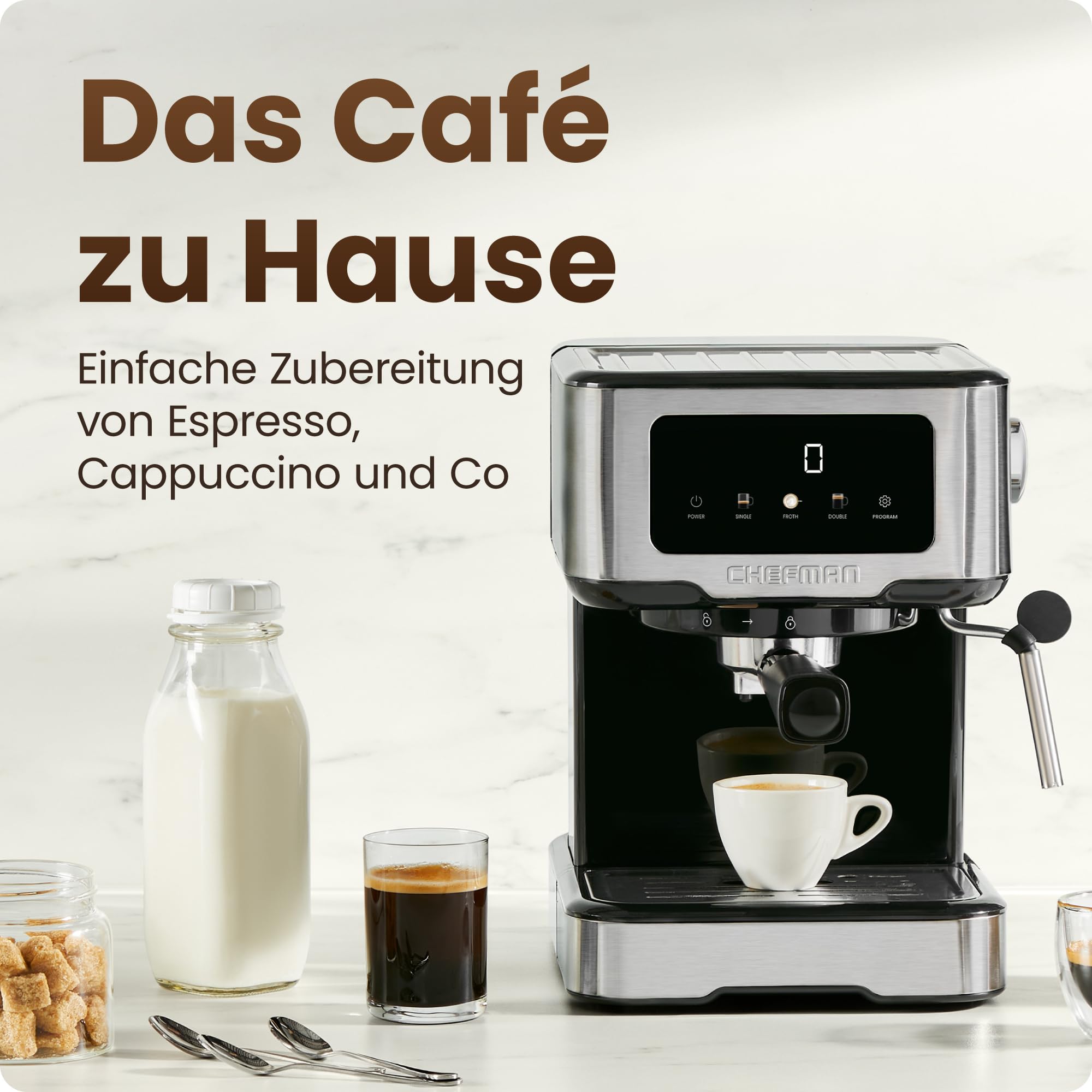 Chefman CraftBrew 15-Bar-Siebträgermaschine, 1,5L-Wassertank, Dampfstab | digitaler Touchscreen, Latte & Cappuccino, kompakt, abnehmbar, Edelstahl