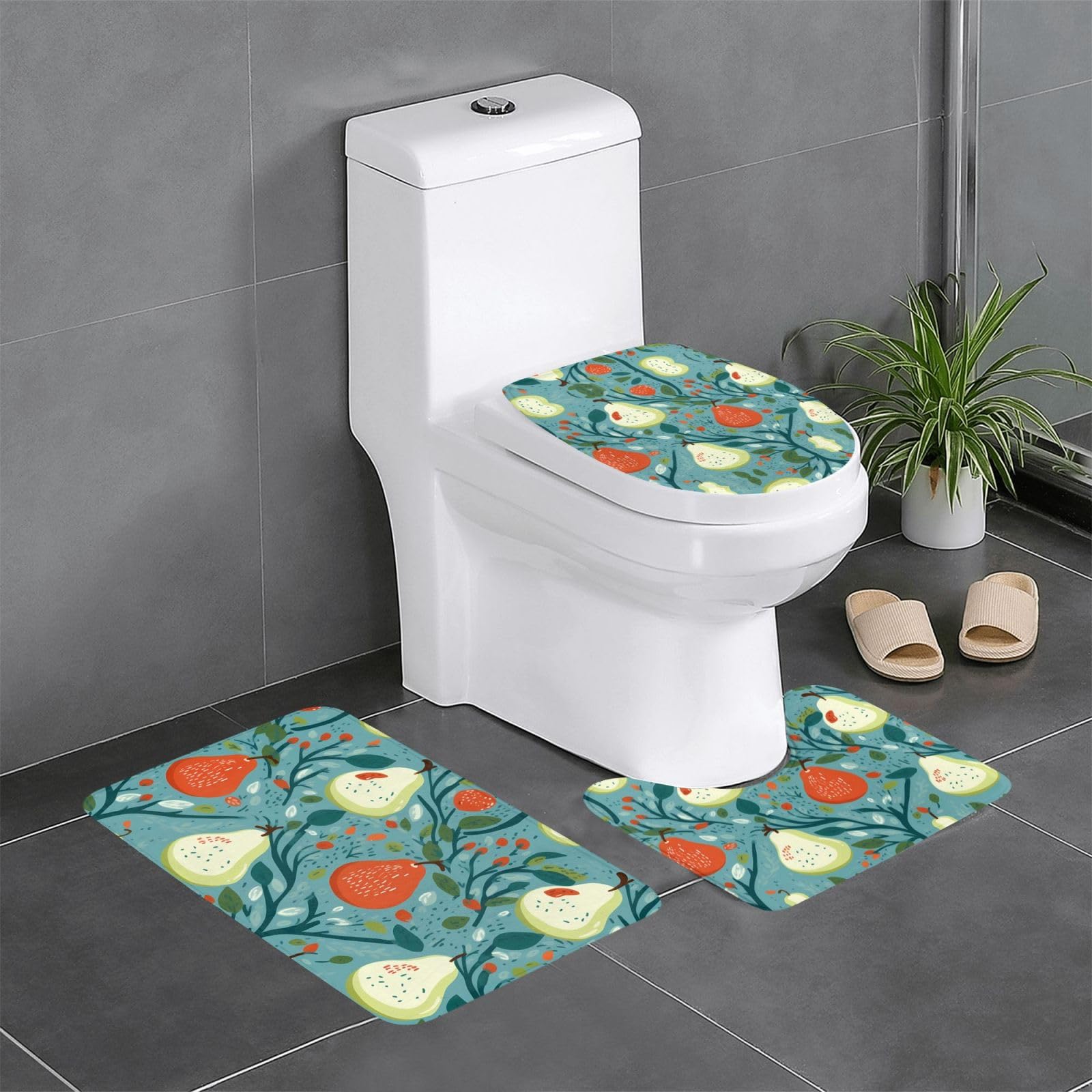 Tapis de salle de bain motif fruits sous l'arbre pour une ambiance nature à la coiffeuse