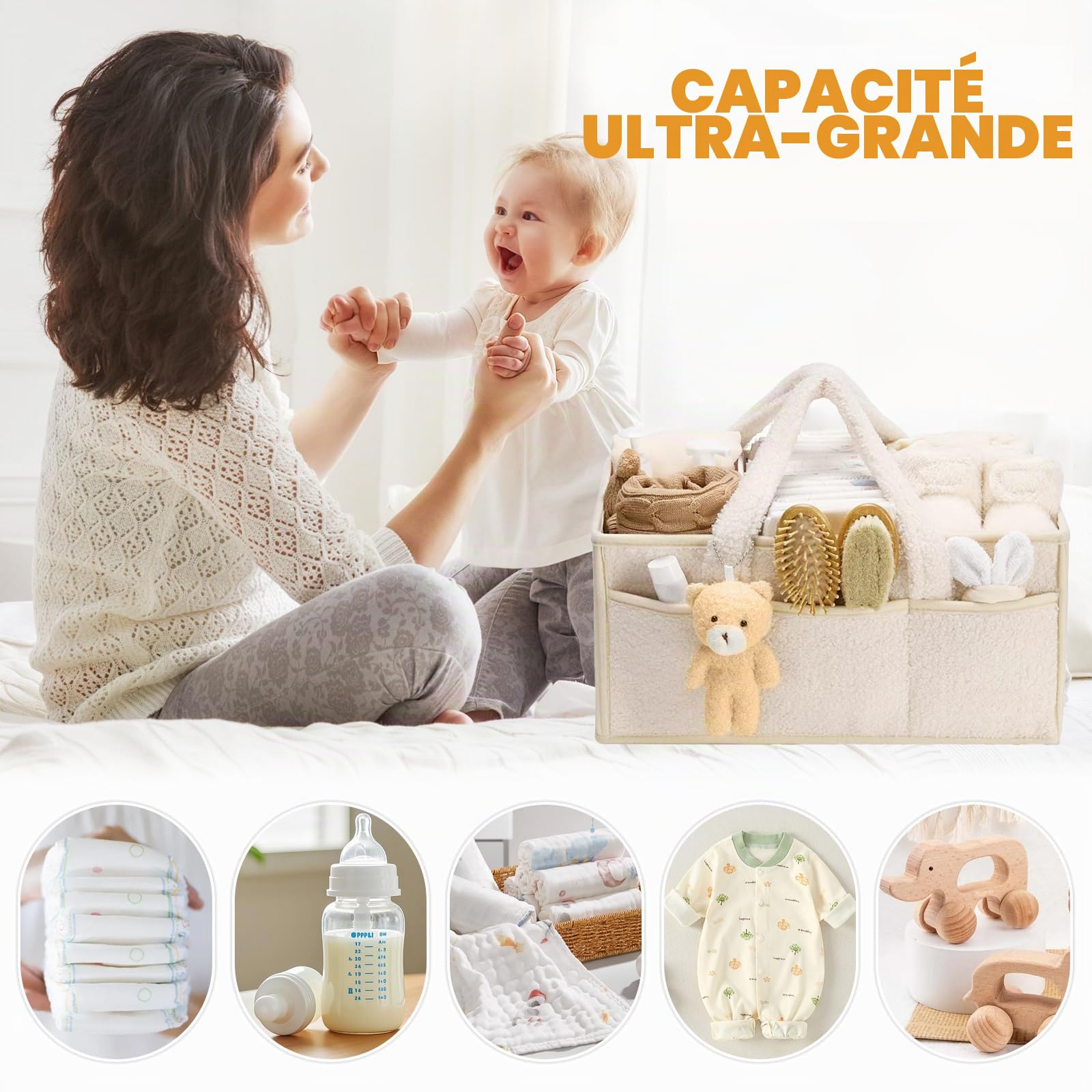 Wvu & Wvo Organiseur de couches pour table à langer, panier de rangement pour lingettes, organisateur de couches pour bébé, cadeau pour fête prénatale, organisateur pour voiture, organisateur pour