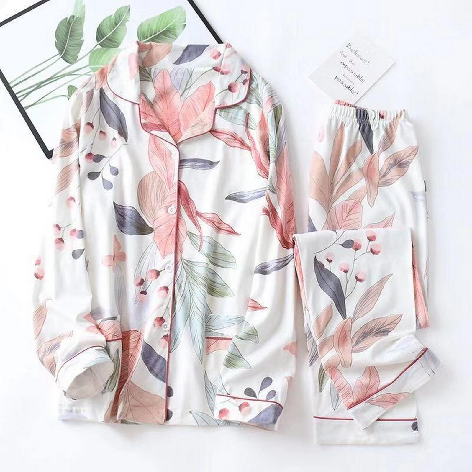Pijama para mujer, estampado de hojas, pijama de algodón, talla grande, conjunto de dos piezas, ropa para el hogar, ropa de dormir femenina, traje de pantalón, XL