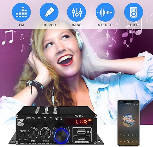 Miniatura 3 de Amplificador de potencia de audio Bluetooth 5.0 AK-380 400W+400W 2.0 CH HiFi Stereo Amp Receptor con USB, SD, AUX, antena FM para coche, hogar, bar,