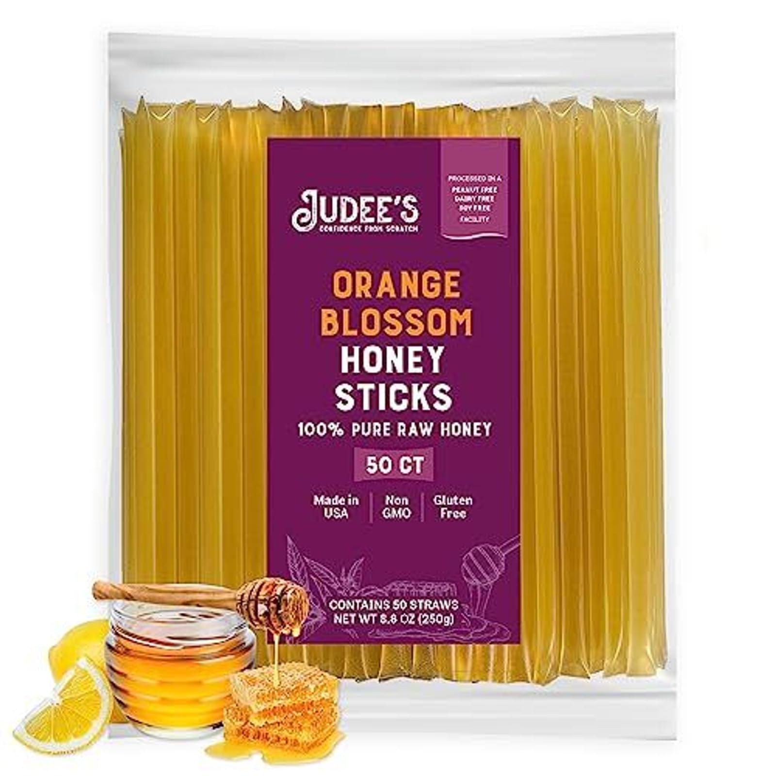 Judee's Gluten Free Orange Blossom Honey Sticks - Gluten Free Snack & Mini Honey Straws - Coffee & Tea Sweetener & Tea Condiments - Dessert Drizzle & Citrus Orange Blossom Flavor - 50 Count - 7-Inch