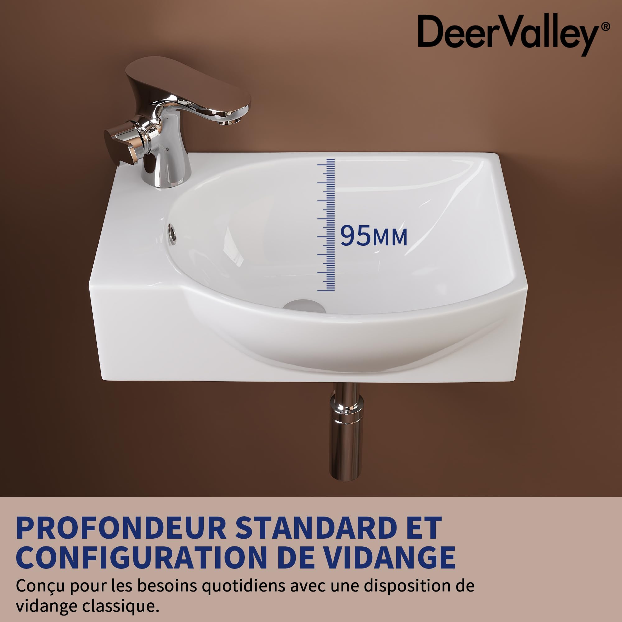 Lavabo mural DeerValley 305×240 mm, vasque rectangulaire en céramique blanche, cuve à gauche avec trou de robinet à droite, idéal pour les petites salles de bain