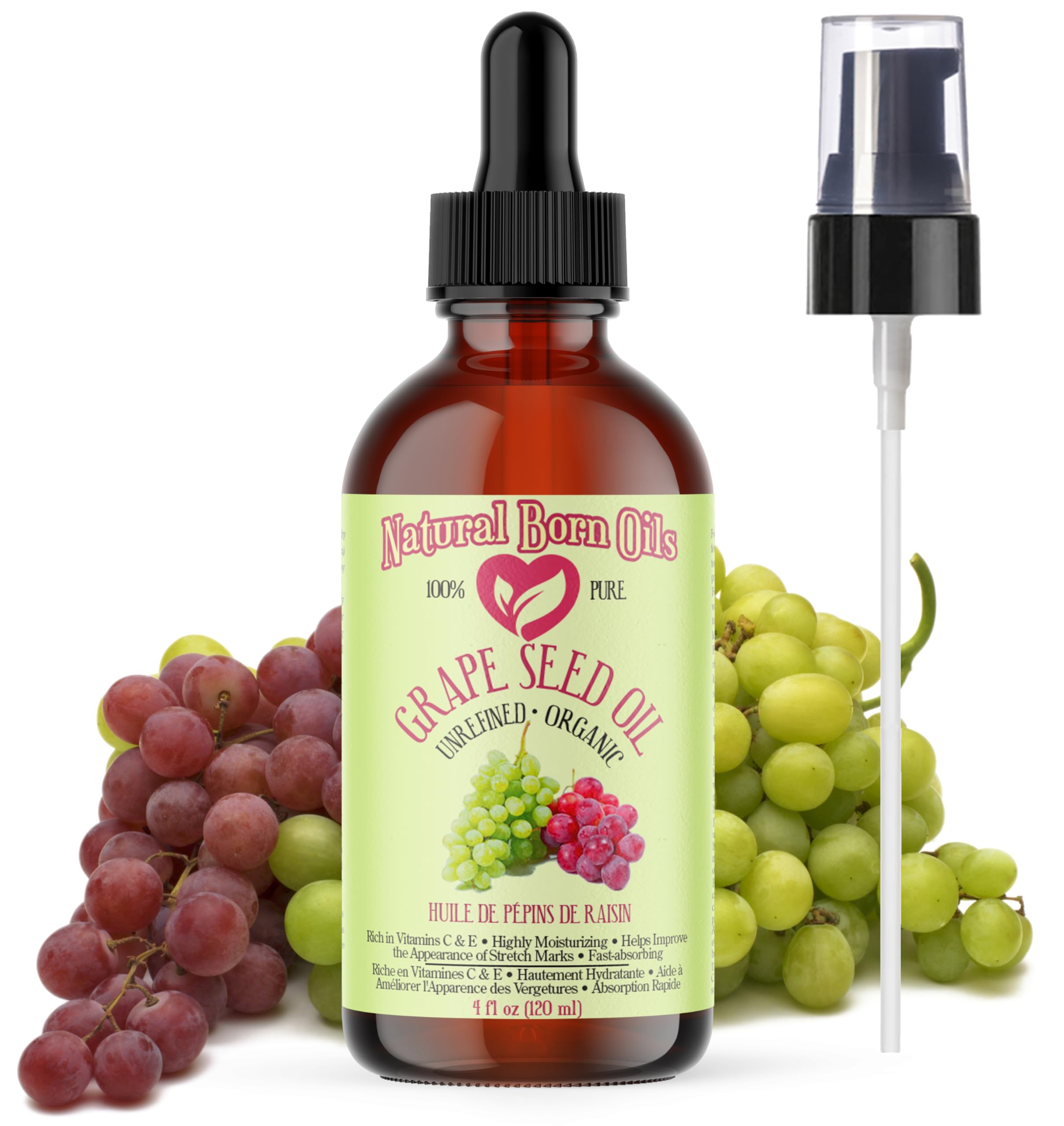 Grape Seed Oil. 4oz. 100% Pure and Natural, Cold-pressed, Organic, Moisturizer for Skin and Hair. Natural Born Oils.