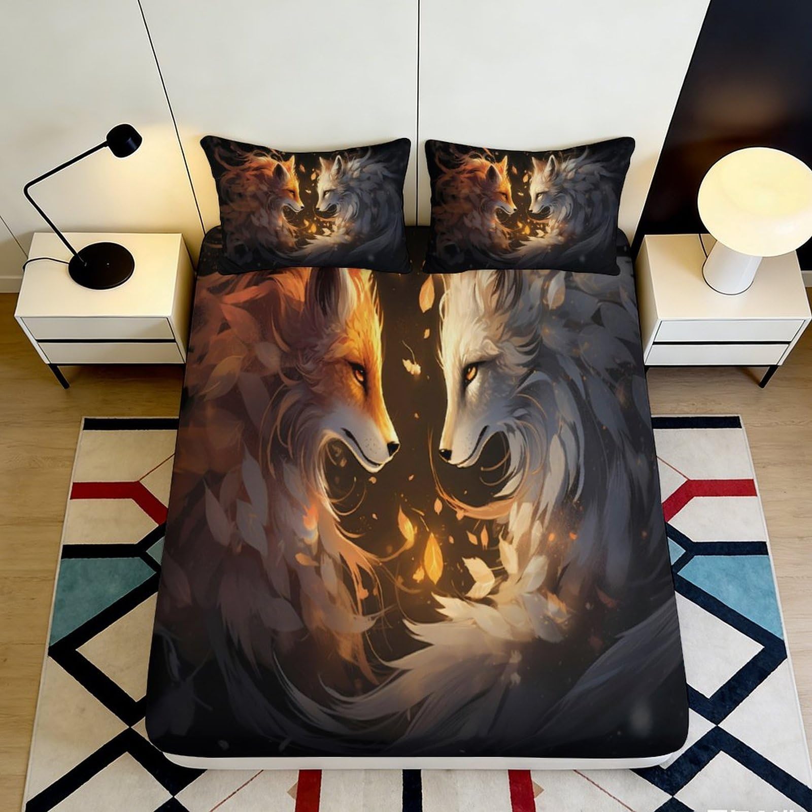 3D Printed Fire Wolf Fitted Sheet Microfiber Orange Grey Ice Wolf Mattress Cover for Bedroom Guest Room Dorm Decor 90x200x25cm