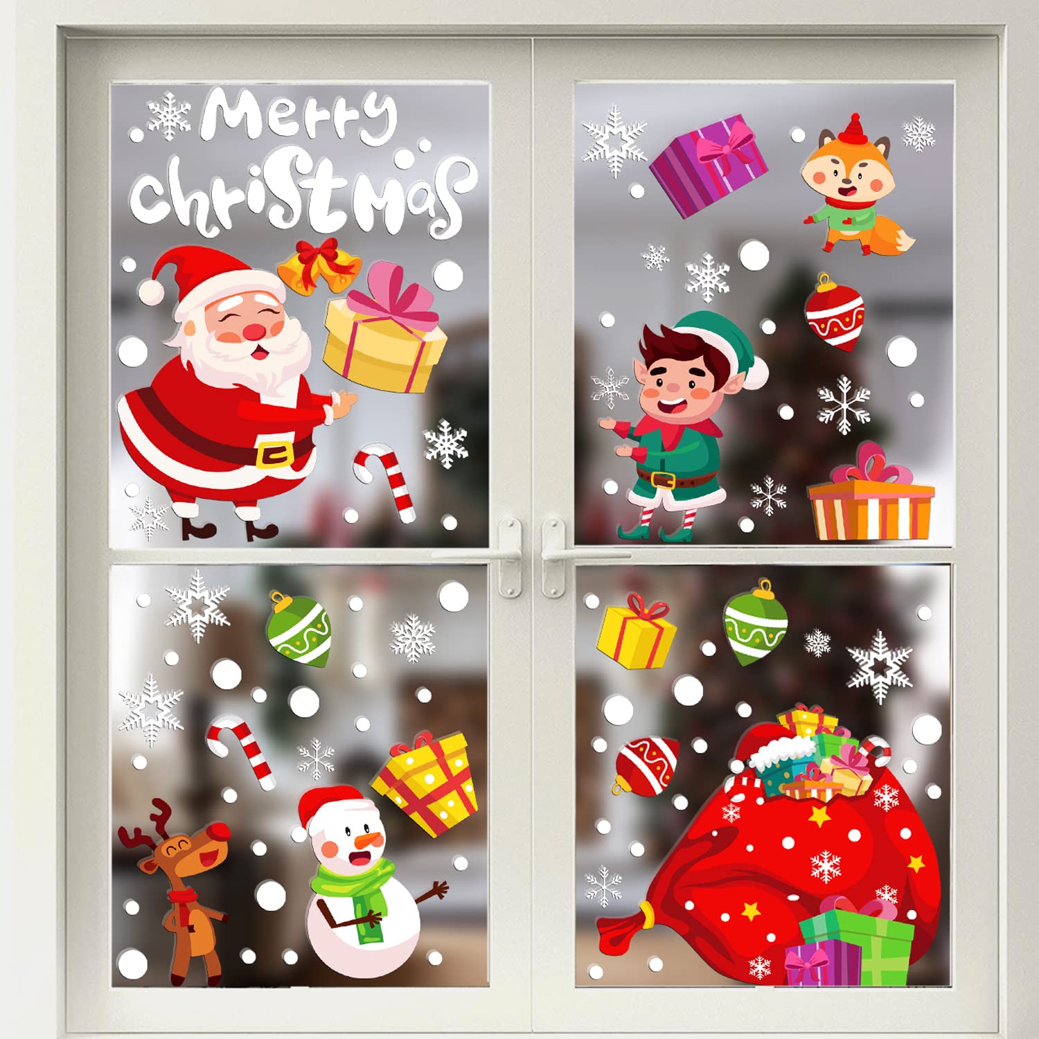 Fingooo 6Gifts Coming Christmas Window Clings Stickers 8 Sheets Snowflake Window Decals Xmas Window Decoration