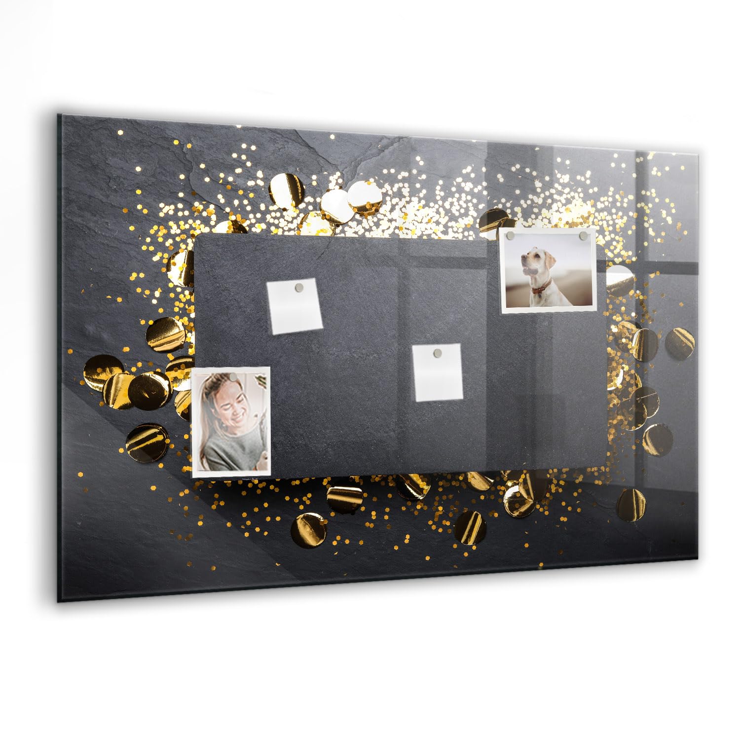 Glas-Magnetboard modern | Komplettset mit Neodym-Magneten, Marker & Schwamm | Glänzende, robuste Schreibfläche | Optimal für Büroorganisation & Meetingräume- 90x60 - Goldene Konfetti