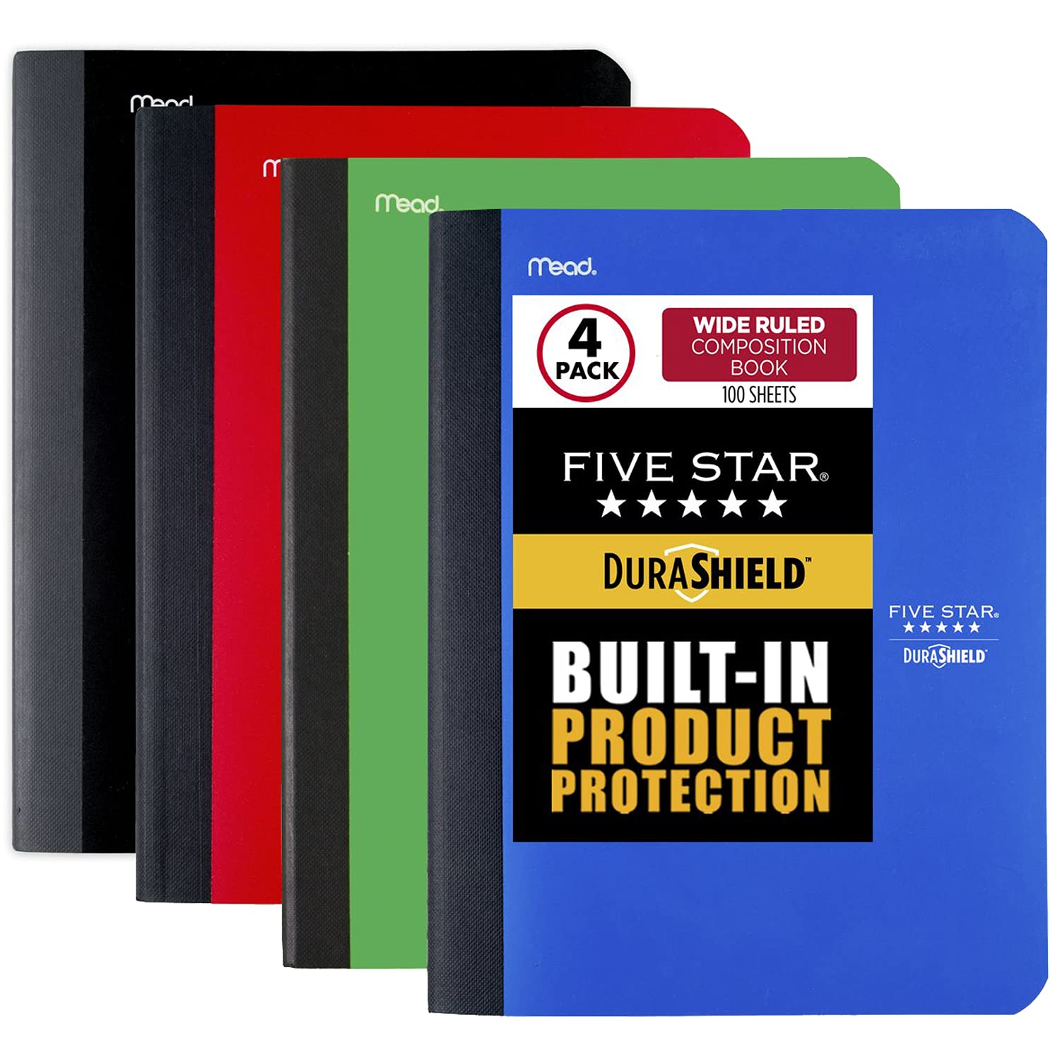 Five StarDuraShield Notetaking Composition Books with Antimicrobial Covers, 1 Subject, Wide Ruled Notebooks, 10-1/2" x 8", 100 Sheets, Assorted, 4 Pack (950008-ECM)