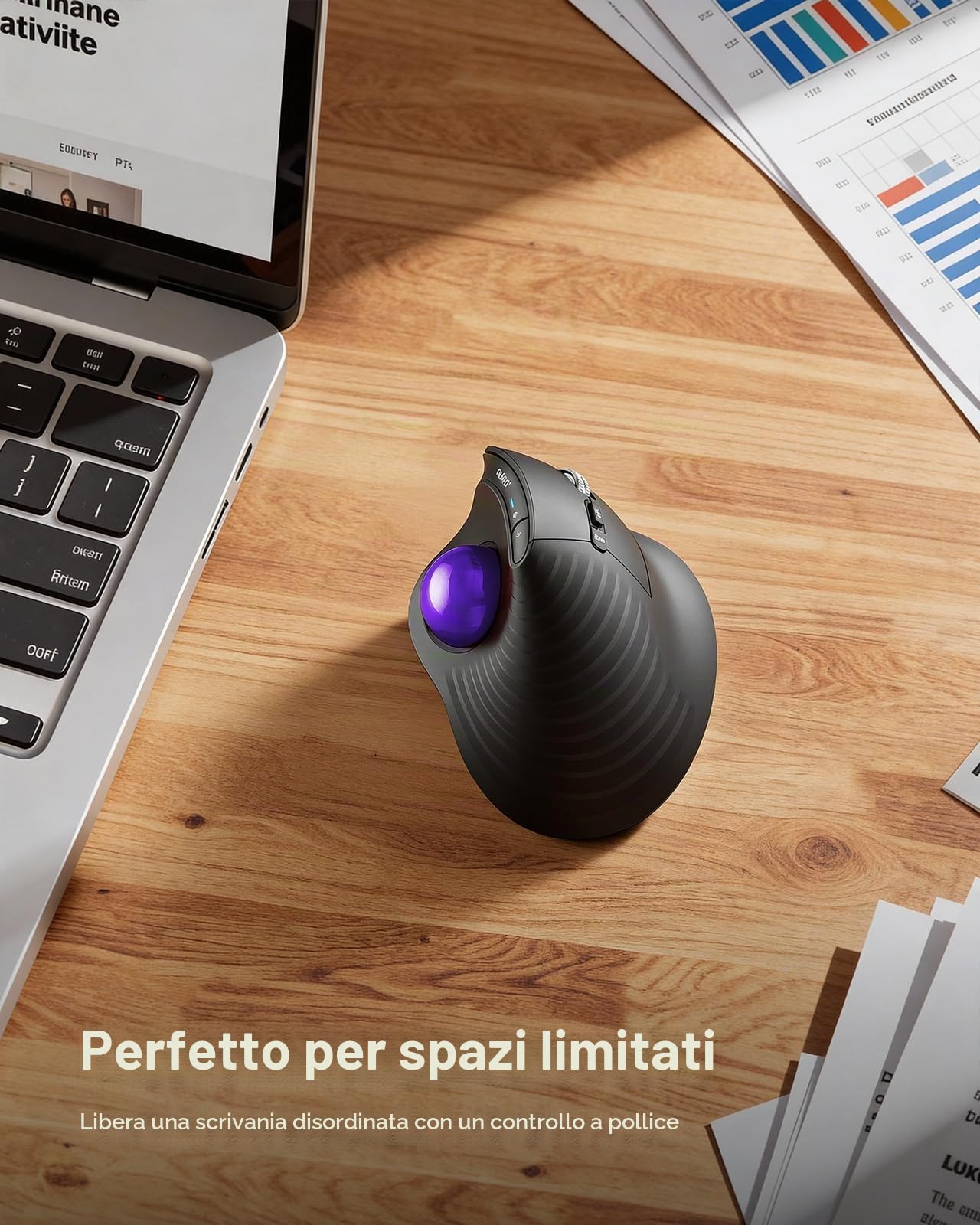 Nulea M514 Trackball Verticale, Ergonomico Wireless a Pollice con Click Silenziosi, Connessione a 3 Dispositivi (Bluetooth & USB), Ricaricabile per PC/Mac/Laptop/Tablet, viola