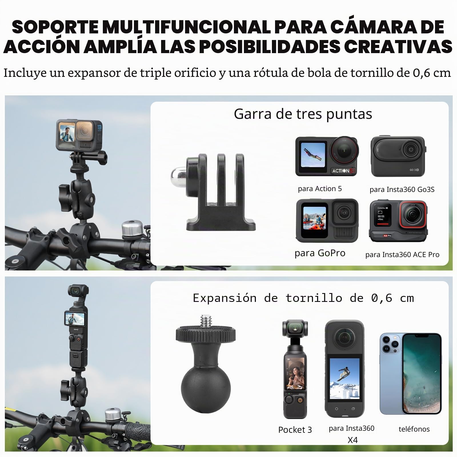 BRDRC Soporte de motocicleta para Insta 360 X4 X5, soportes de abrazadera de manillar de bicicleta de 59 pulgadas, kit de palo selfie invisible para Insta360 X5 X4 X3 X2 X ONE, para DJI OSMO 360, para