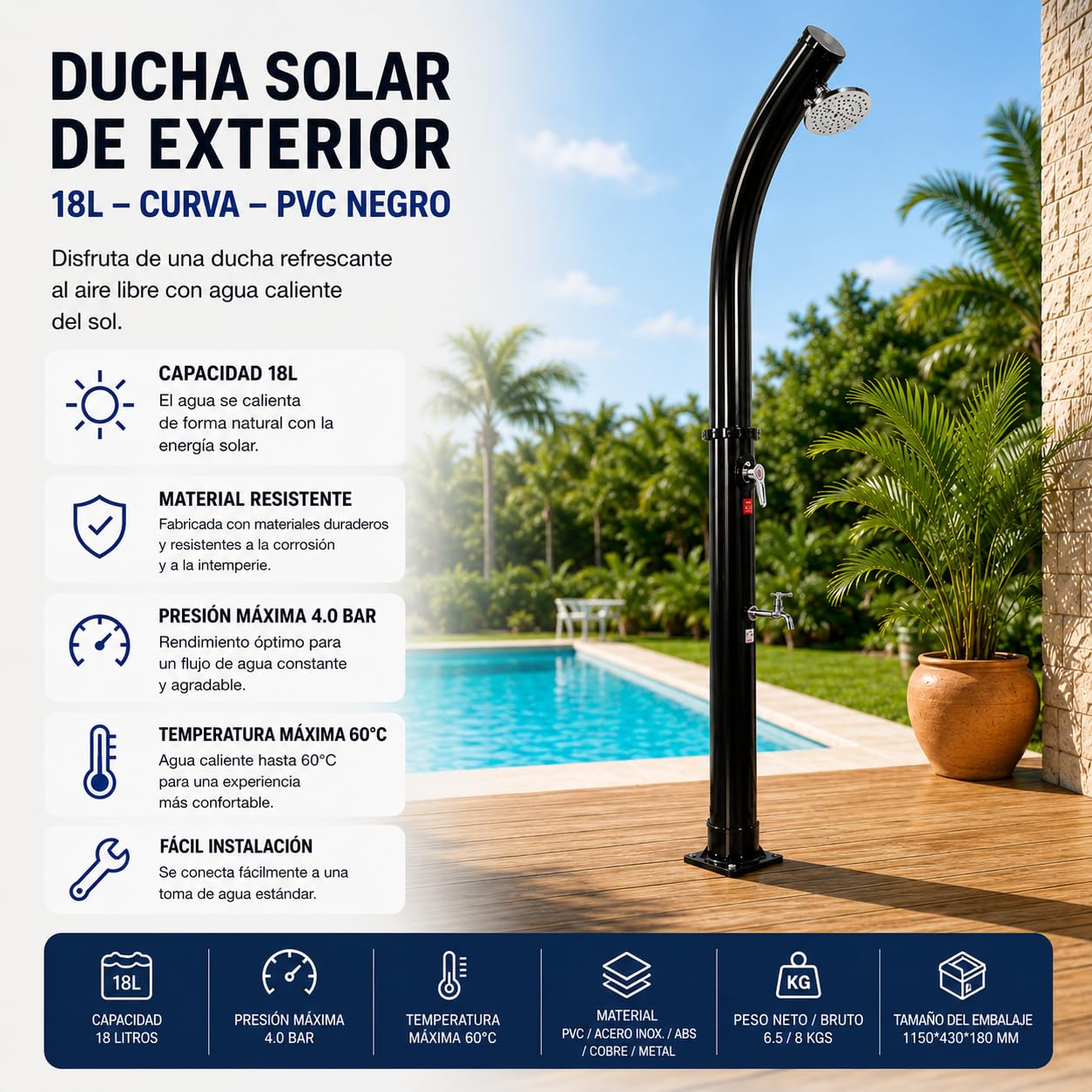 Ducha Solar Exterior 18 L jardín y Piscina con Mezclador y Grifo lavapiés – Depósito PVC Acero Inoxidable, Temperatura 60 °C, 216 cm, Base compacta, sin Electricidad