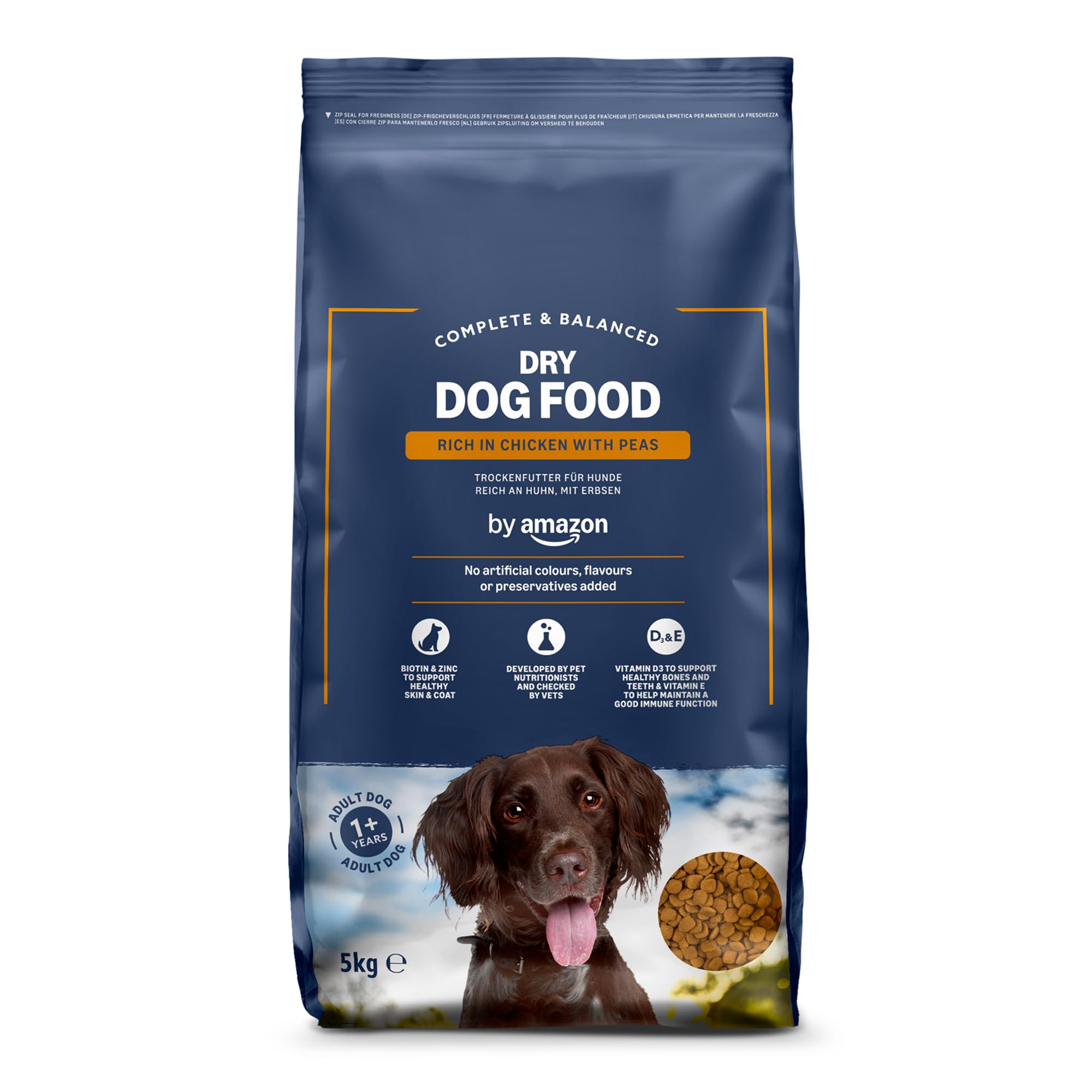 by Amazon - Alimento seco Completo para Perro Adulto Rico en Pollo con Guisantes, 5 kg (Paquete de 1)