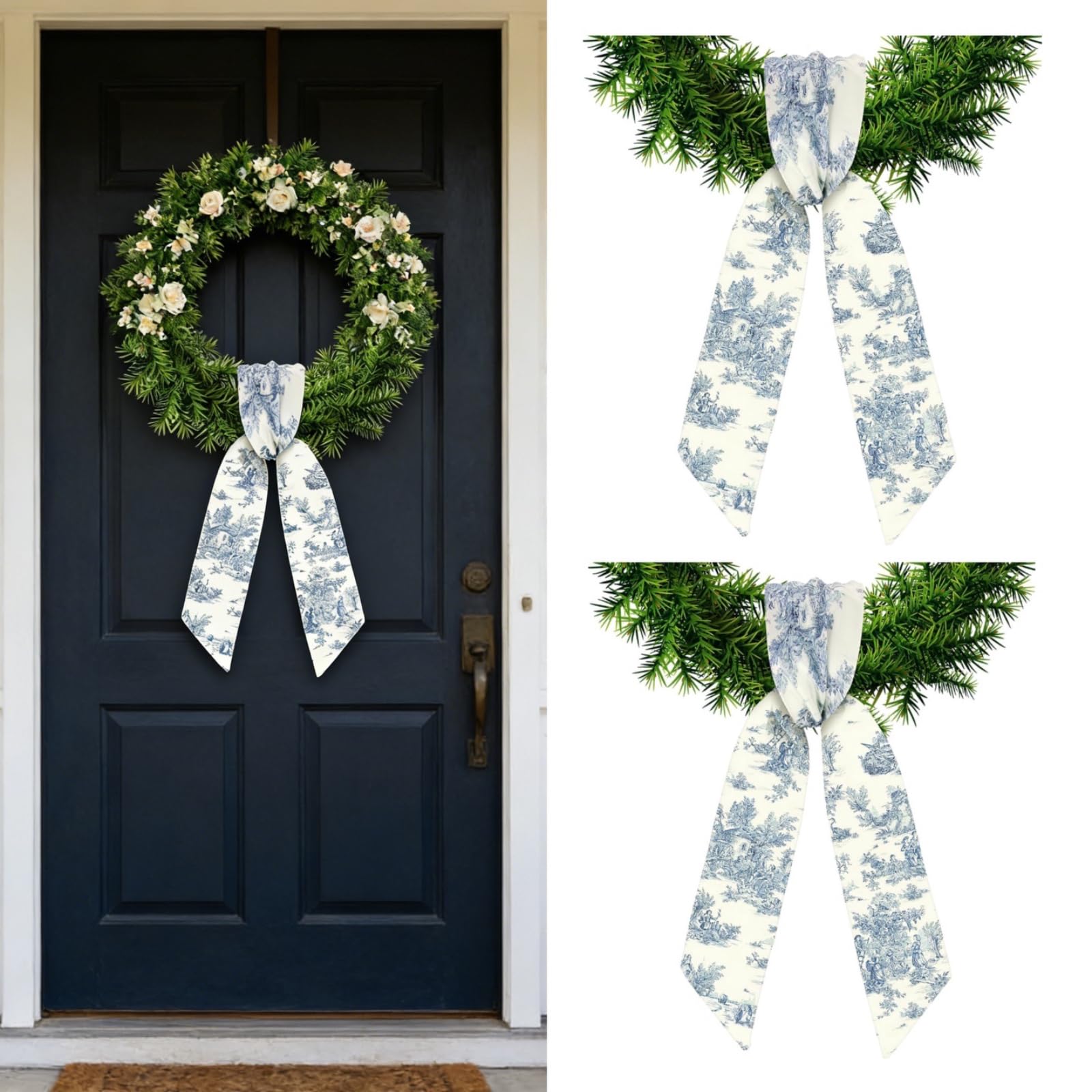 Dream Loom Wreath Sash for Front Door, 2Pcs Blue and White Wreath Sash for Monogram Embroidery Garland Ribbon Porch Indoor Outdoor Home Party Yard Doorway
