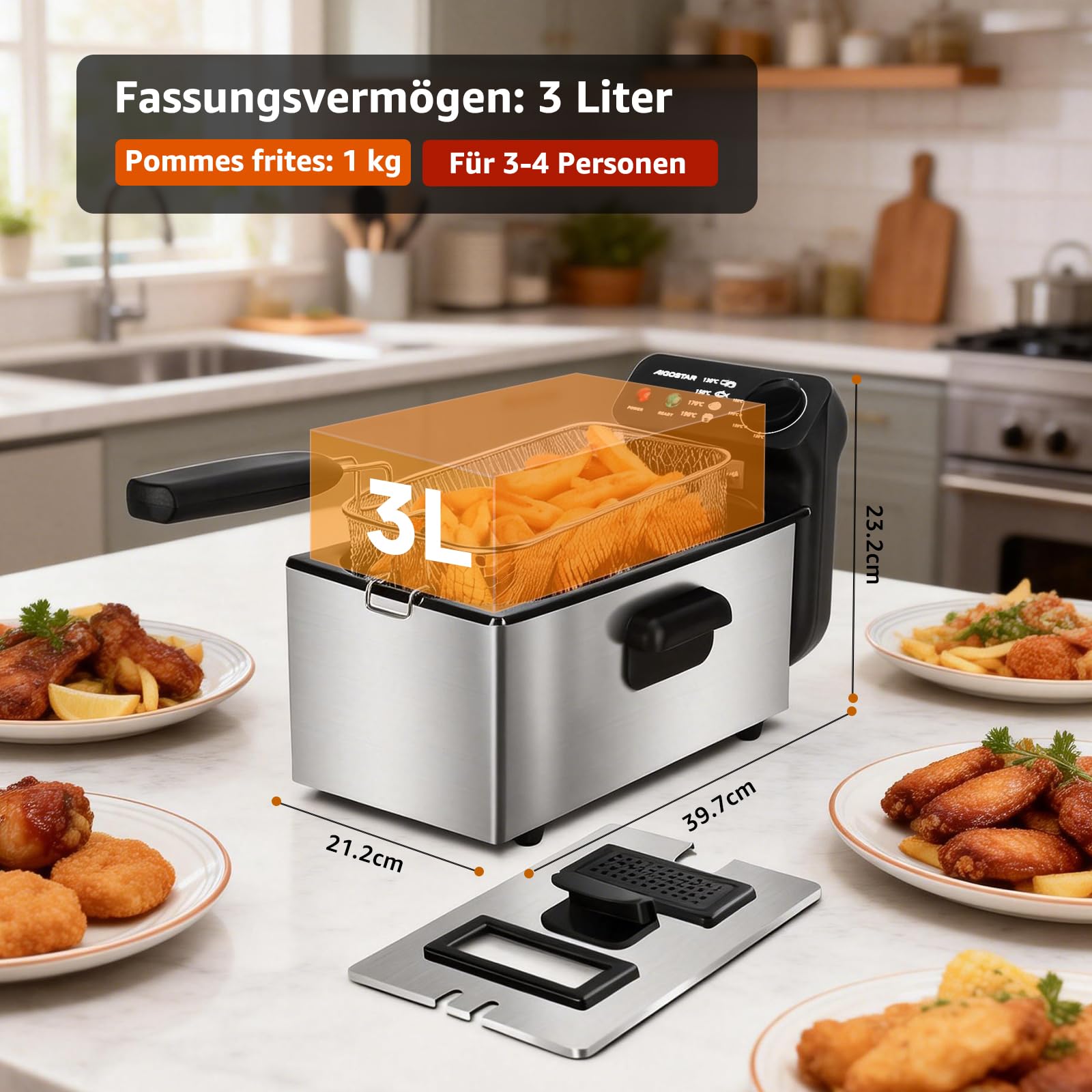 Aigostar Ushas - Fritteuse 3L, 2200 W, Transparenter Deckel, Herausnehmbare Innenpfanne, Einstellbarer Thermostat, Wedelstahl, BPA-frei