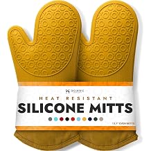 BPA-Free Soft Silicone Oven Mitts - Ultra Heat Resistant Oven Mitts with Thick Cotton Liner - Long Slip Resistant Pot Holders, Flexible Oven Gloves - Yellow 13.7"