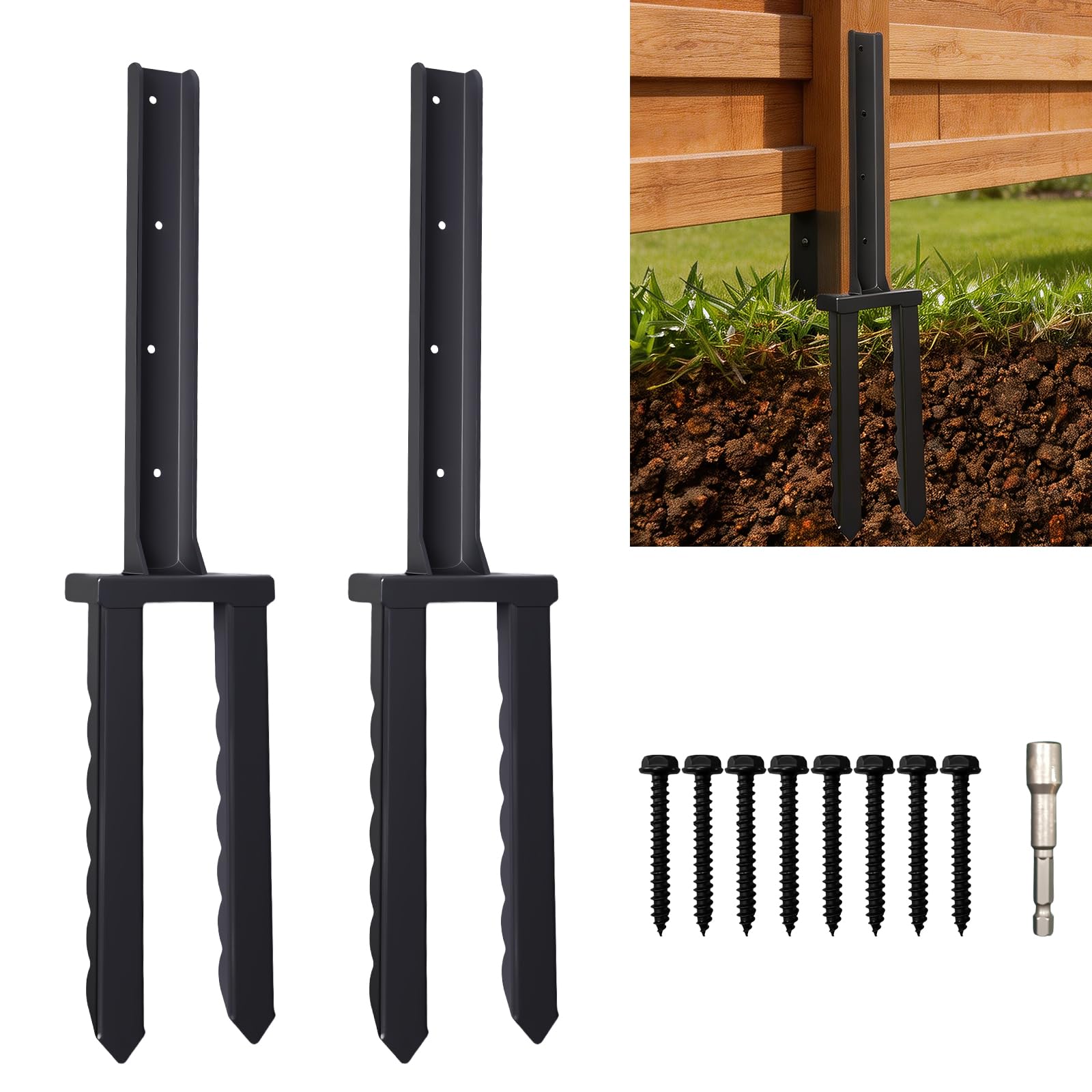 Photo 1 of ***SIMILAR ITEM*** AXWHYS Fence Post Repair Kit 2 Pack,Fences Post Stake Double Ground Spike with Black Powder-Coated for Repair Tilted/Broken Wood Fence Post