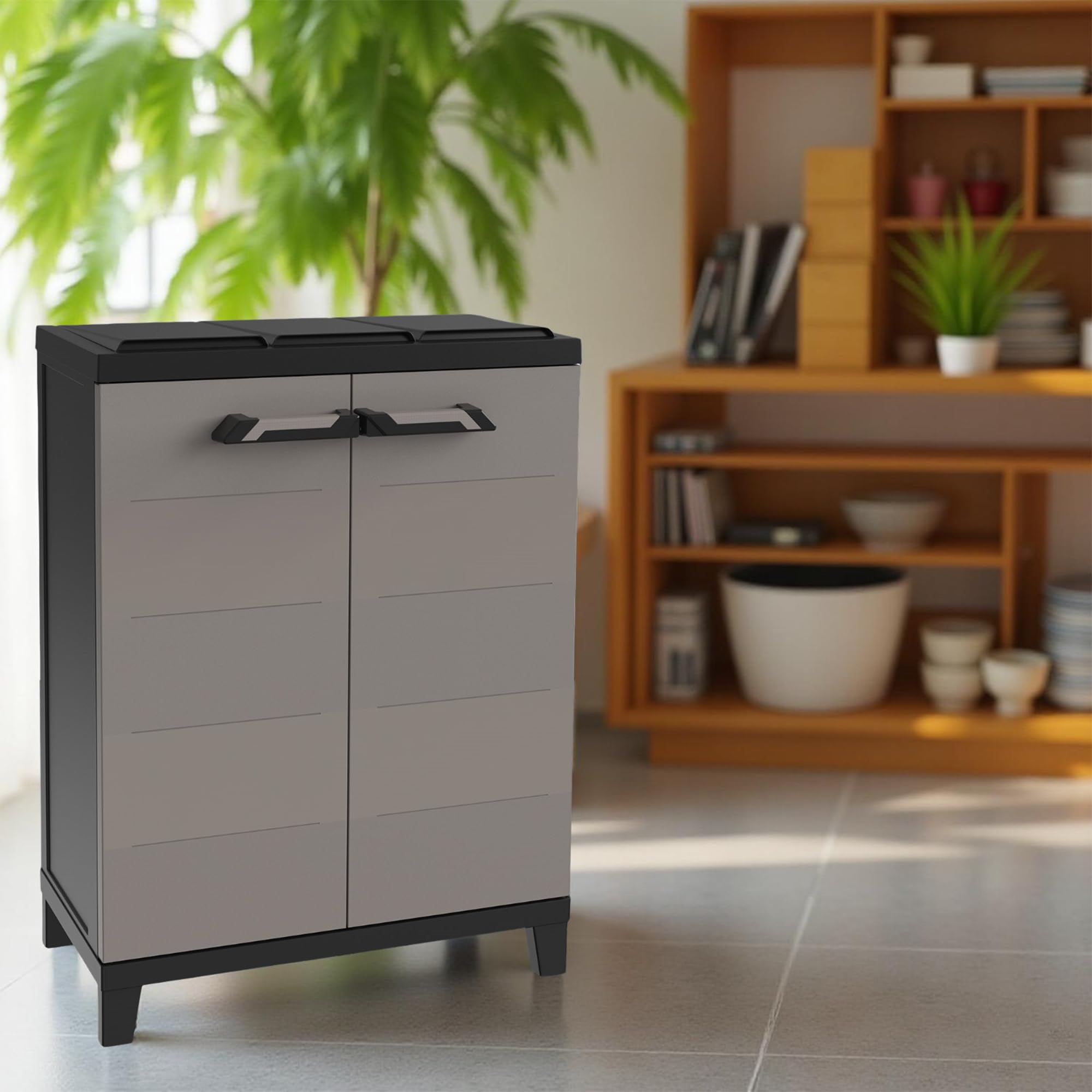 Sicignano Armadio Raccolta Differenziata in Plastica Riciclata per Interno ed Esterno con 2 Ante e Ripiani di Sicurezza – Antracite/Grigio Tortora 66x40x172 cm