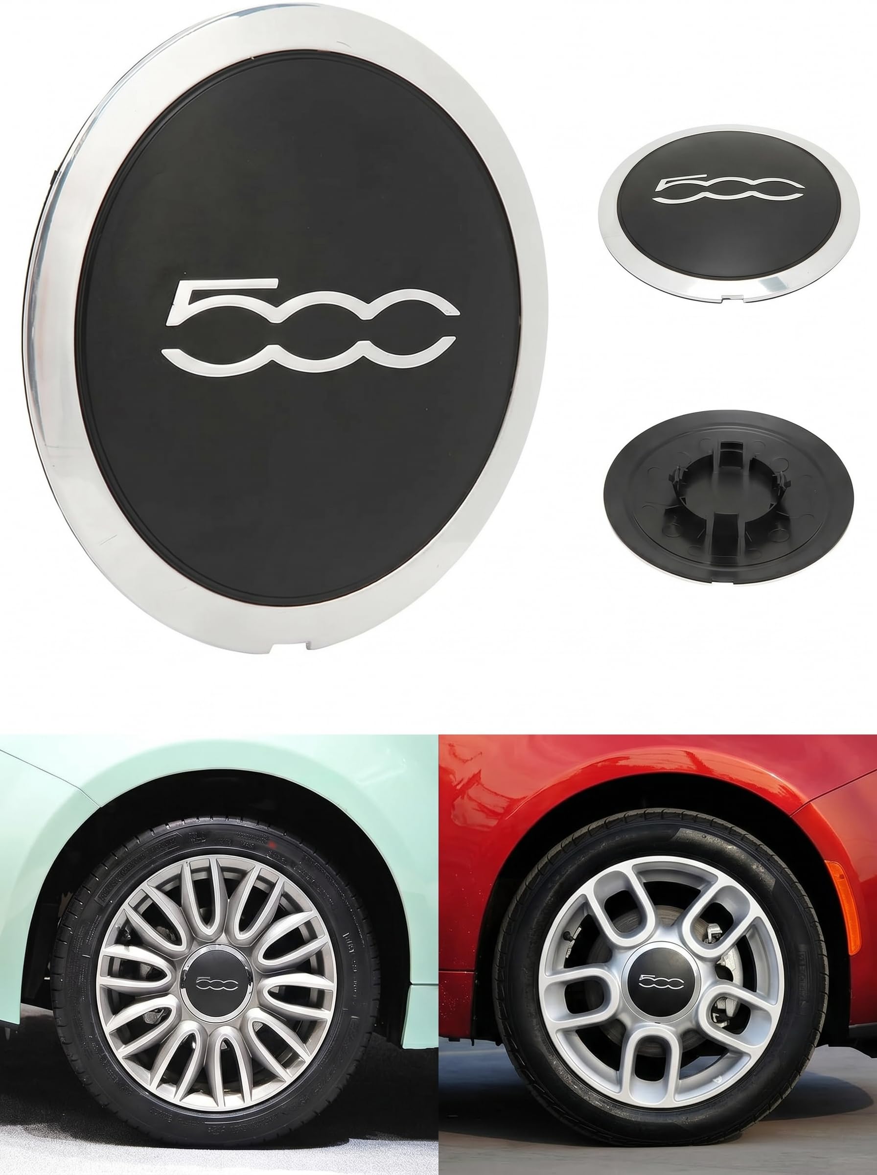 Coprimozzo fiat 500, Adattamento Perfetto e Colori Multipli Sostituzione Diretta OE 68078419AC per Modelli 2008-2024 Copri mozzo fiat 500 tappi per borchie 500 (1 bordo argento scritte argento)