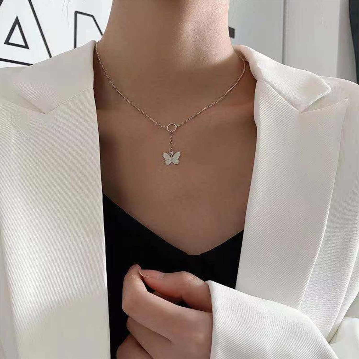 Boho Silver Butterfly Lariat Necklace Choker Butterfly Pendant Necklace Circle Y Drop Necklaces Jewelry for Women - Image 2